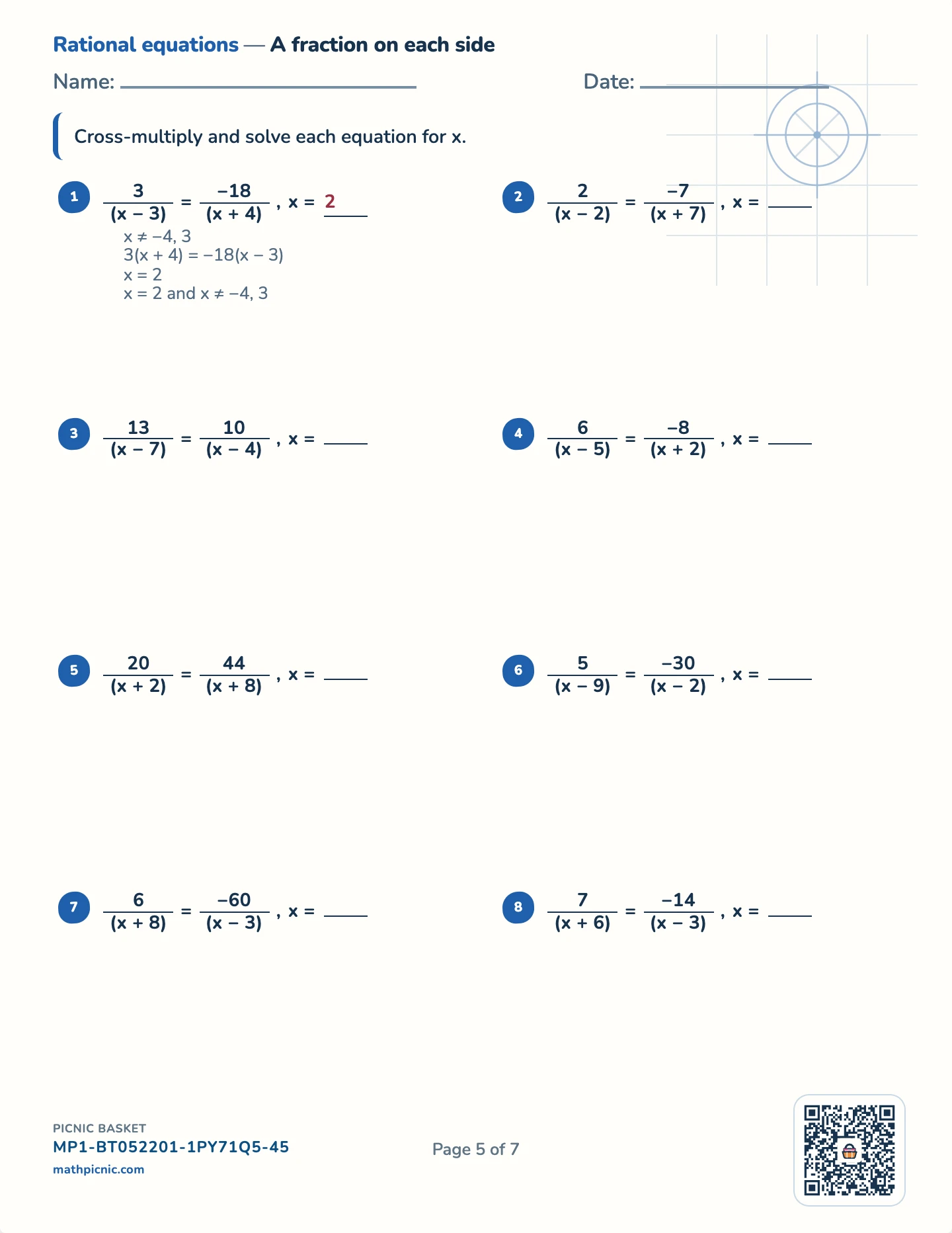 Rational expressions pack — Solving: cross-multiply worksheet