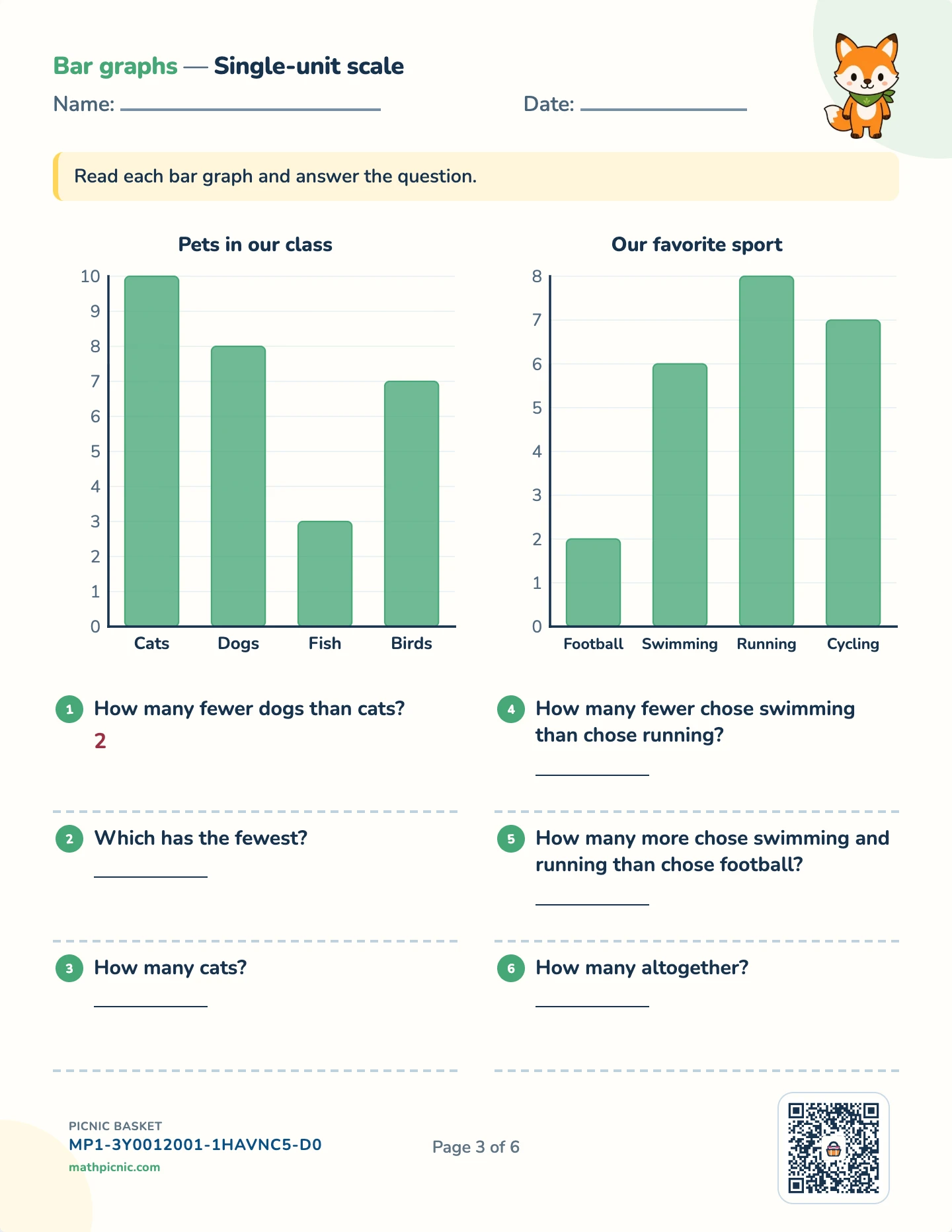 Reading graphs pack — Bar graphs worksheet