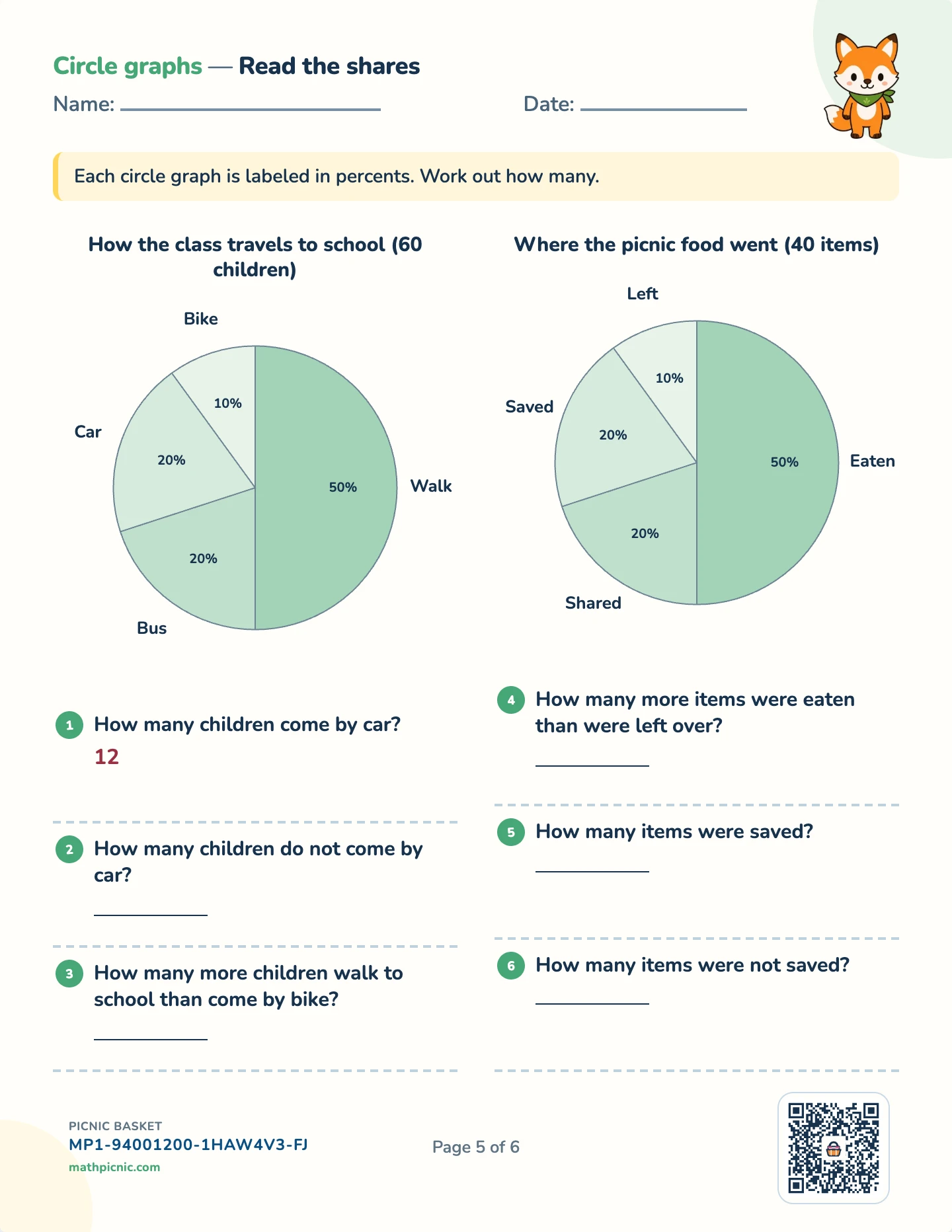Reading graphs pack — Circle graphs worksheet