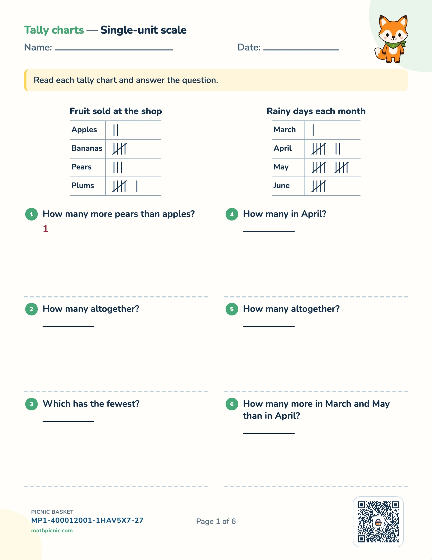 Reading graphs pack — Tally charts worksheet