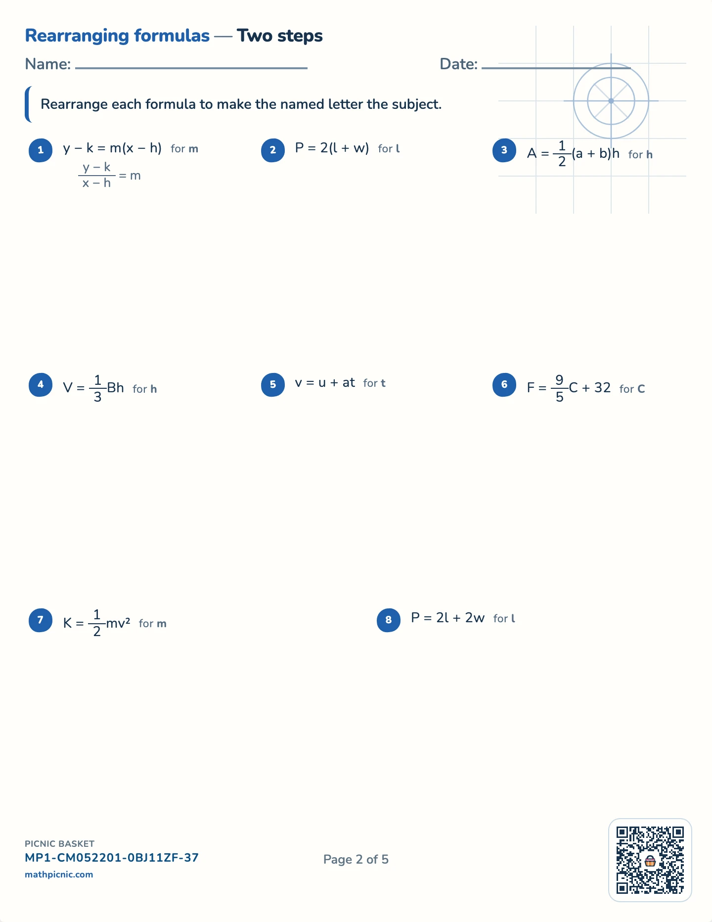 Rearranging formulas pack — Two steps worksheet