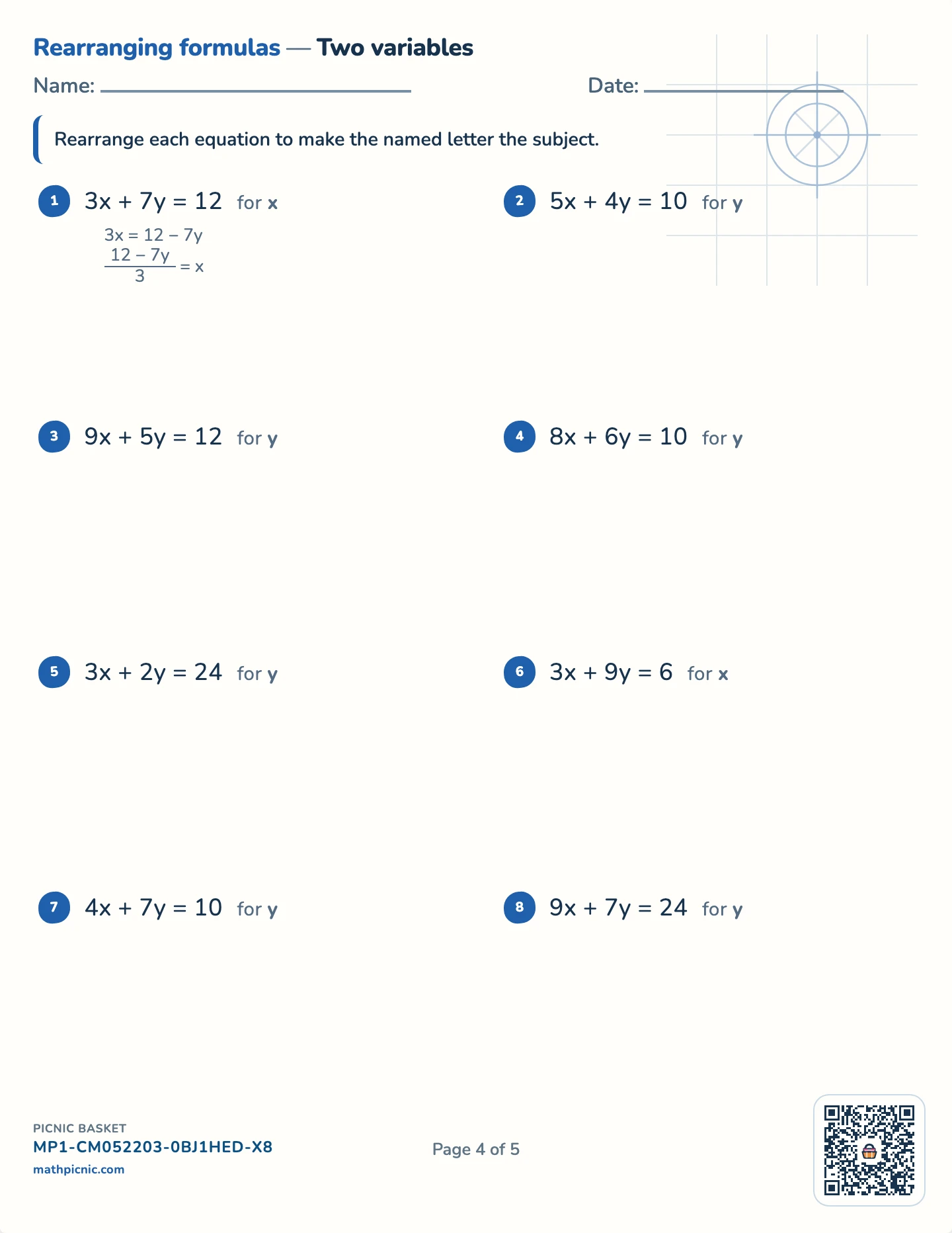 Rearranging formulas pack — ax + by = c worksheet