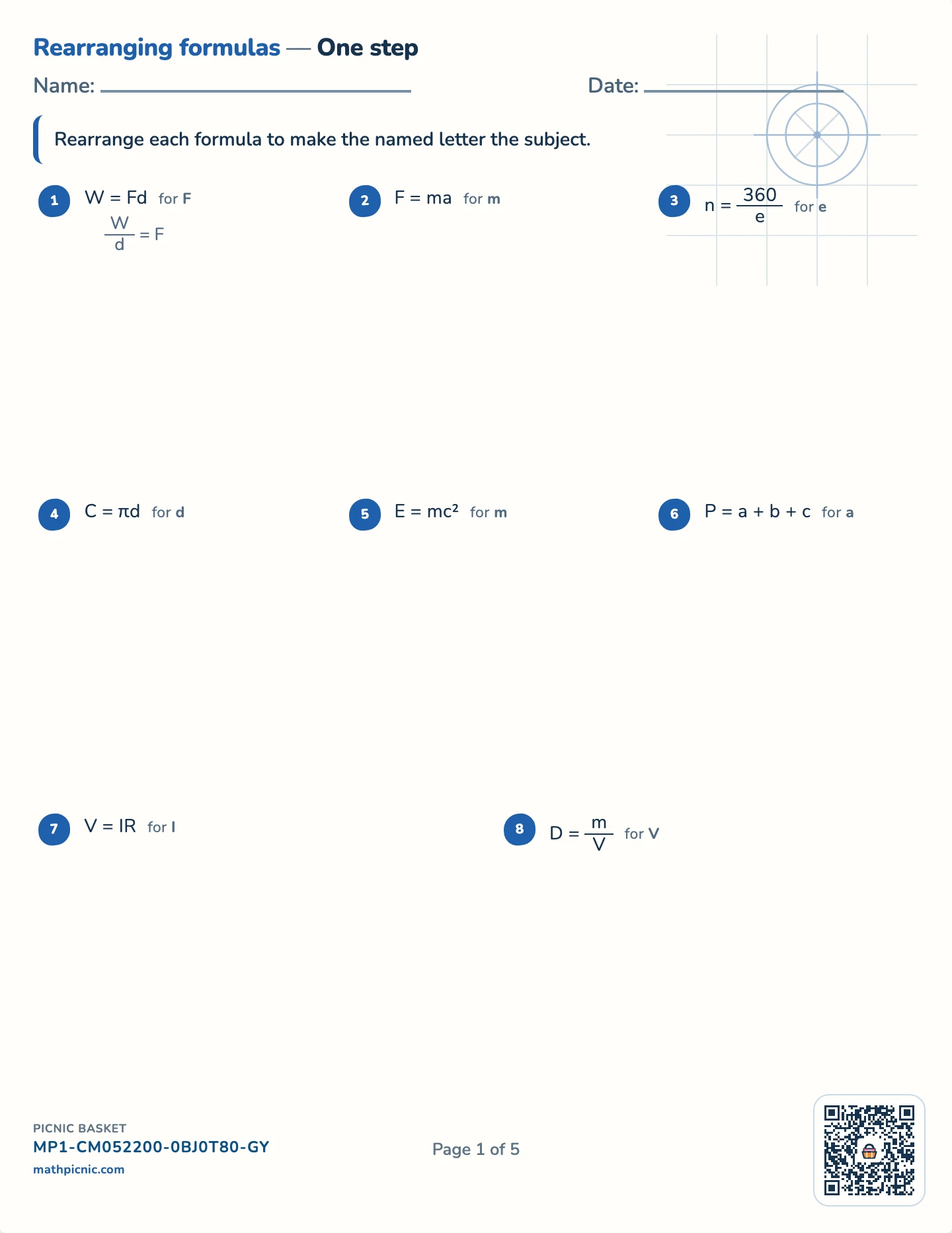 Rearranging formulas pack — One step worksheet