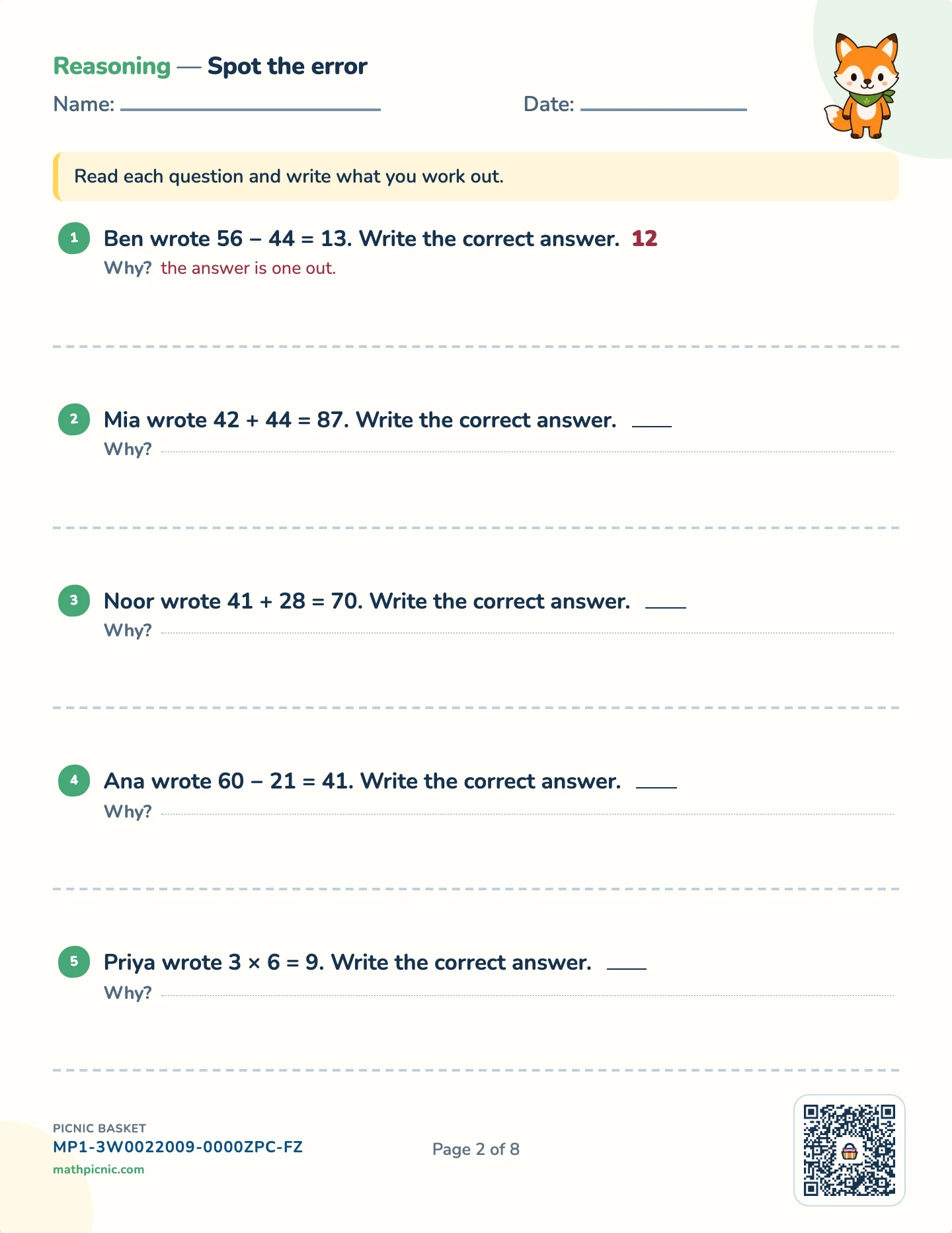 Reasoning puzzles pack — Spot the error worksheet
