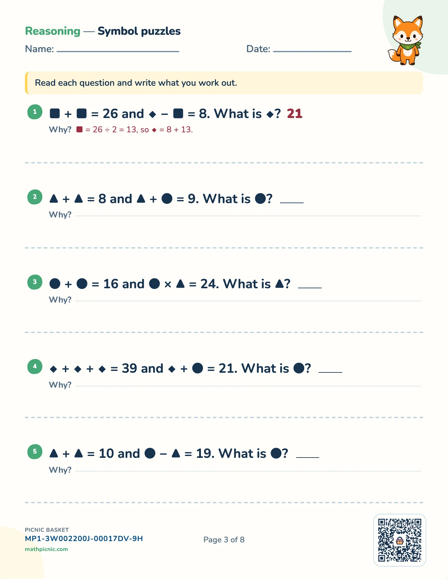 Reasoning puzzles pack — Symbol puzzles worksheet