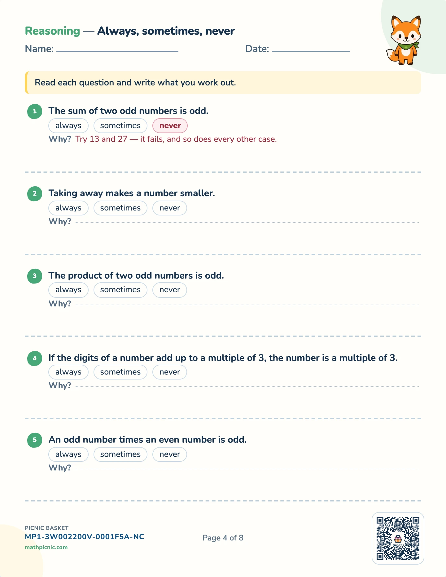 Reasoning puzzles pack — Always, sometimes, never worksheet
