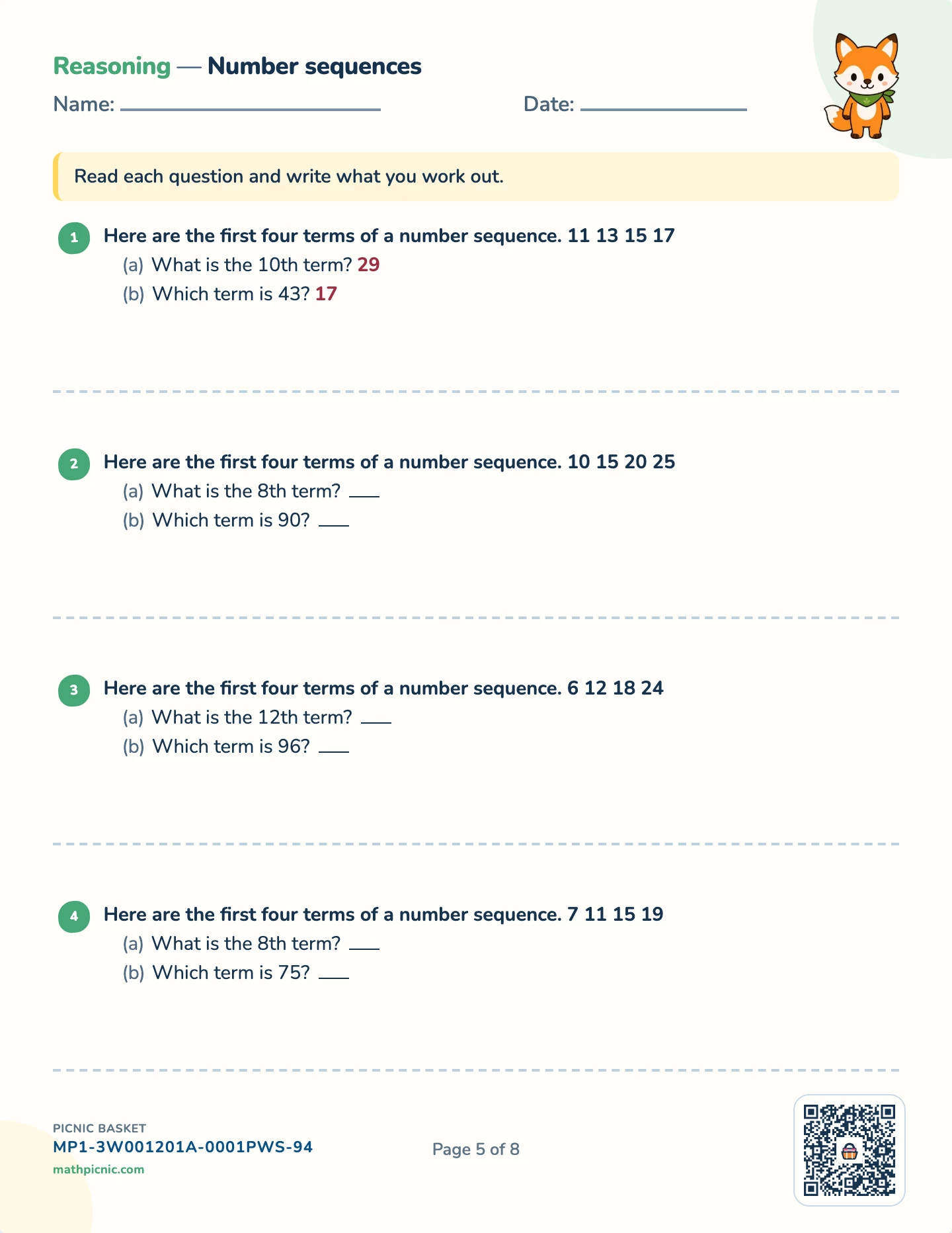 Reasoning puzzles pack — Number sequences worksheet
