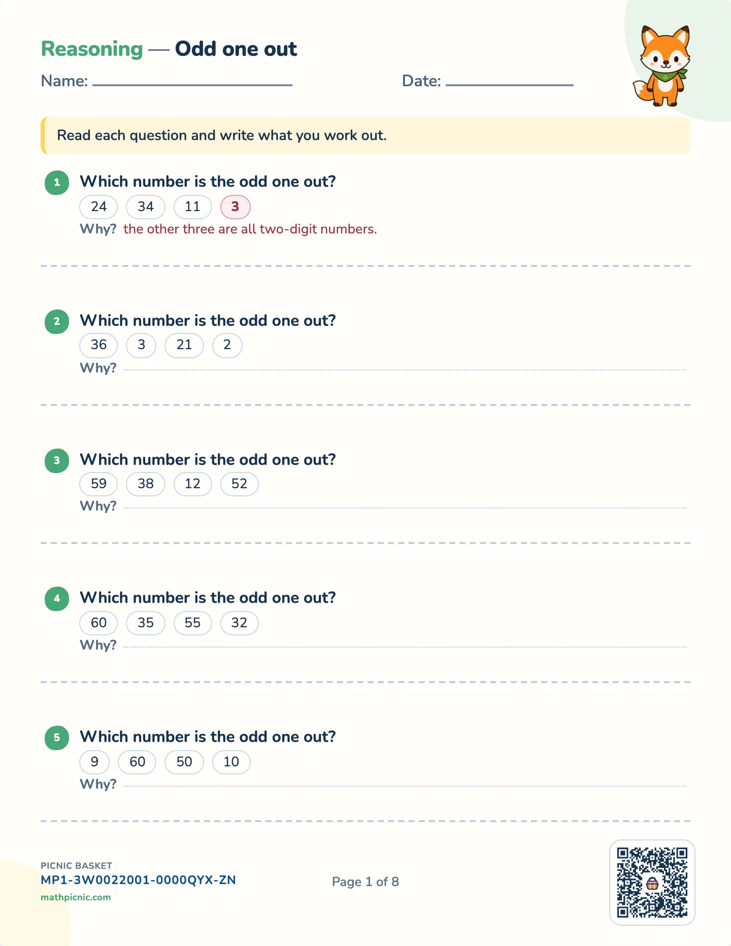 Reasoning puzzles pack — Odd one out worksheet