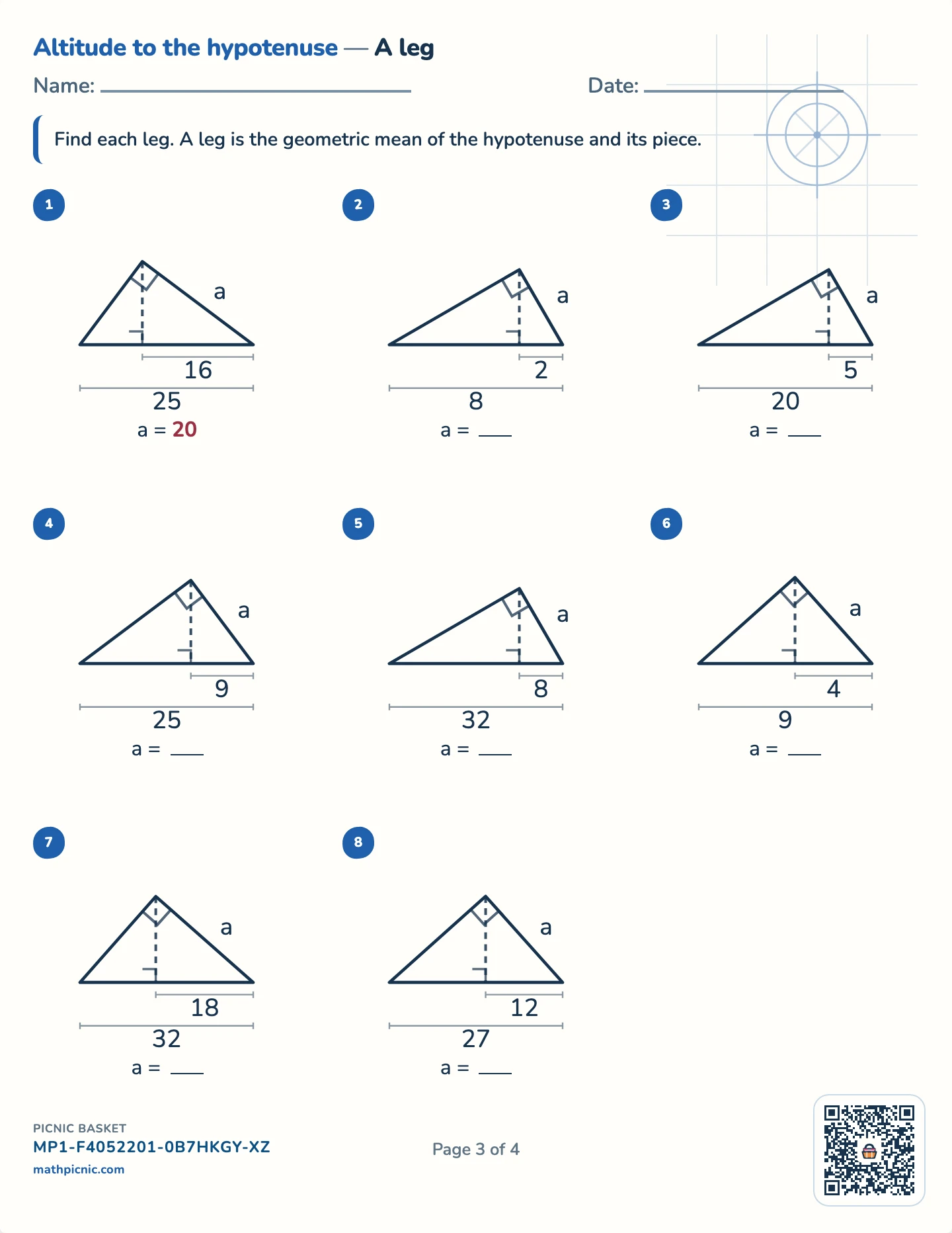 Right triangles pack — A leg from the hypotenuse worksheet
