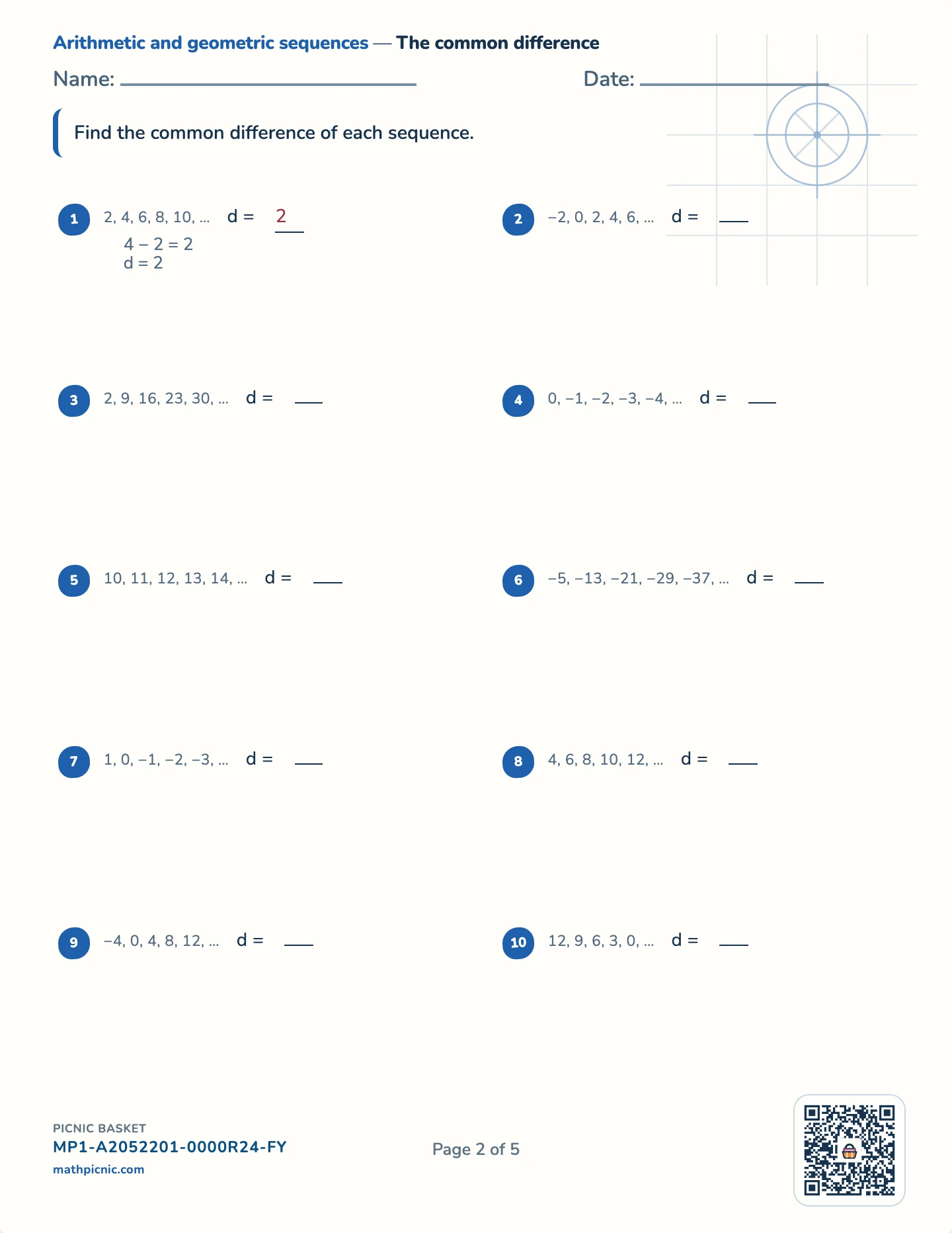 Sequences pack — Arithmetic: common difference worksheet