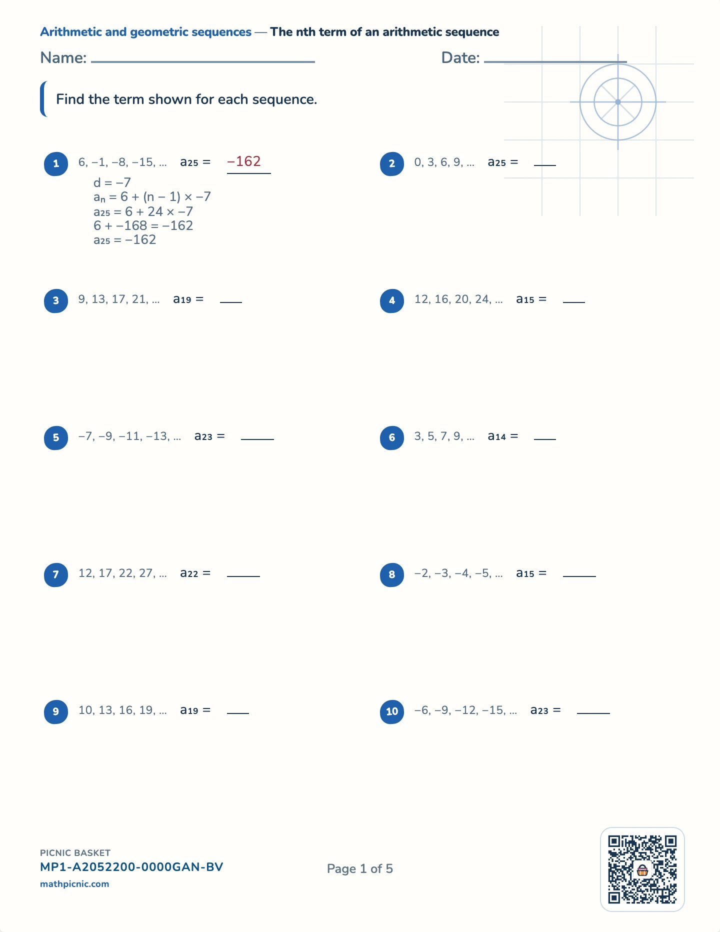 Sequences pack — Arithmetic: nth term worksheet