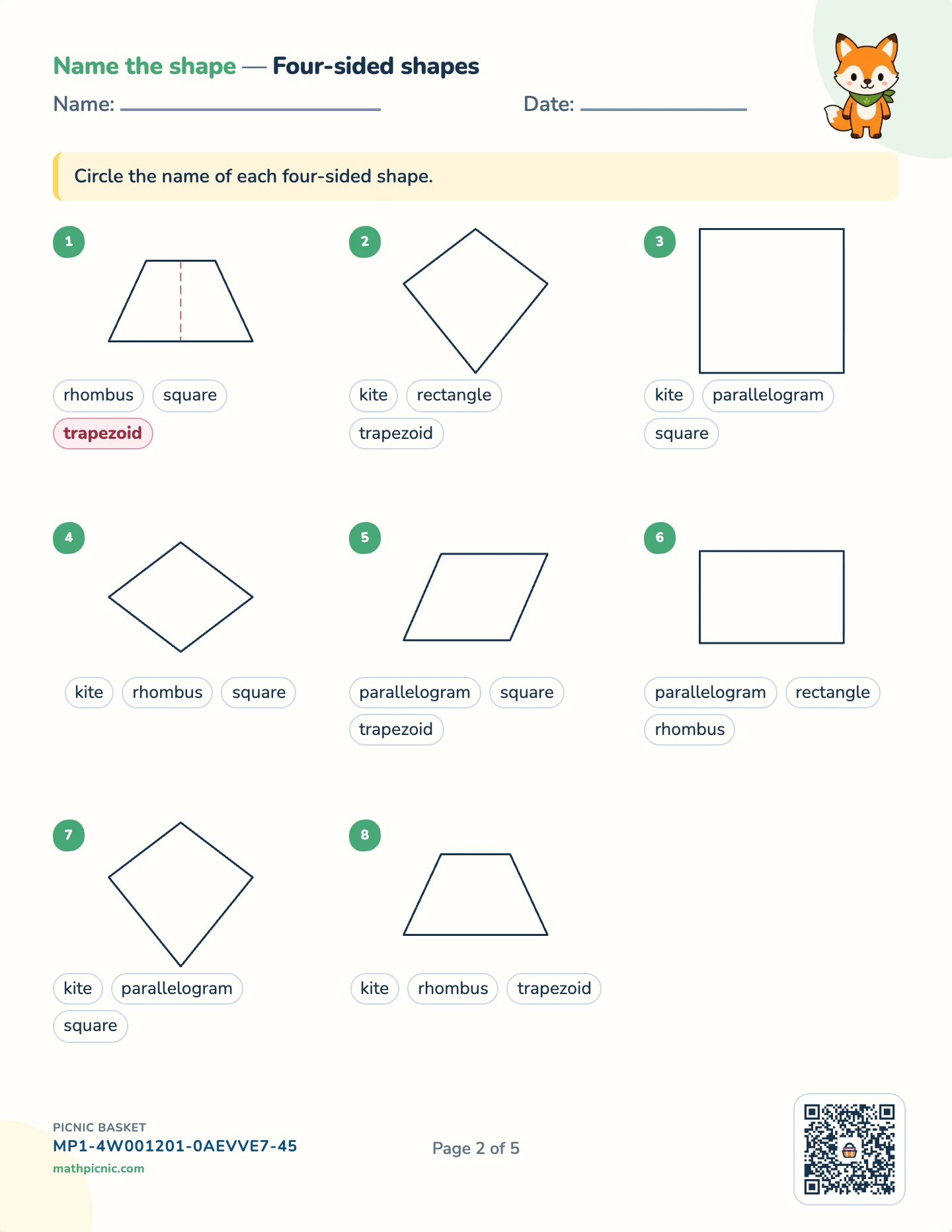 Shapes and symmetry pack — Naming quadrilaterals worksheet