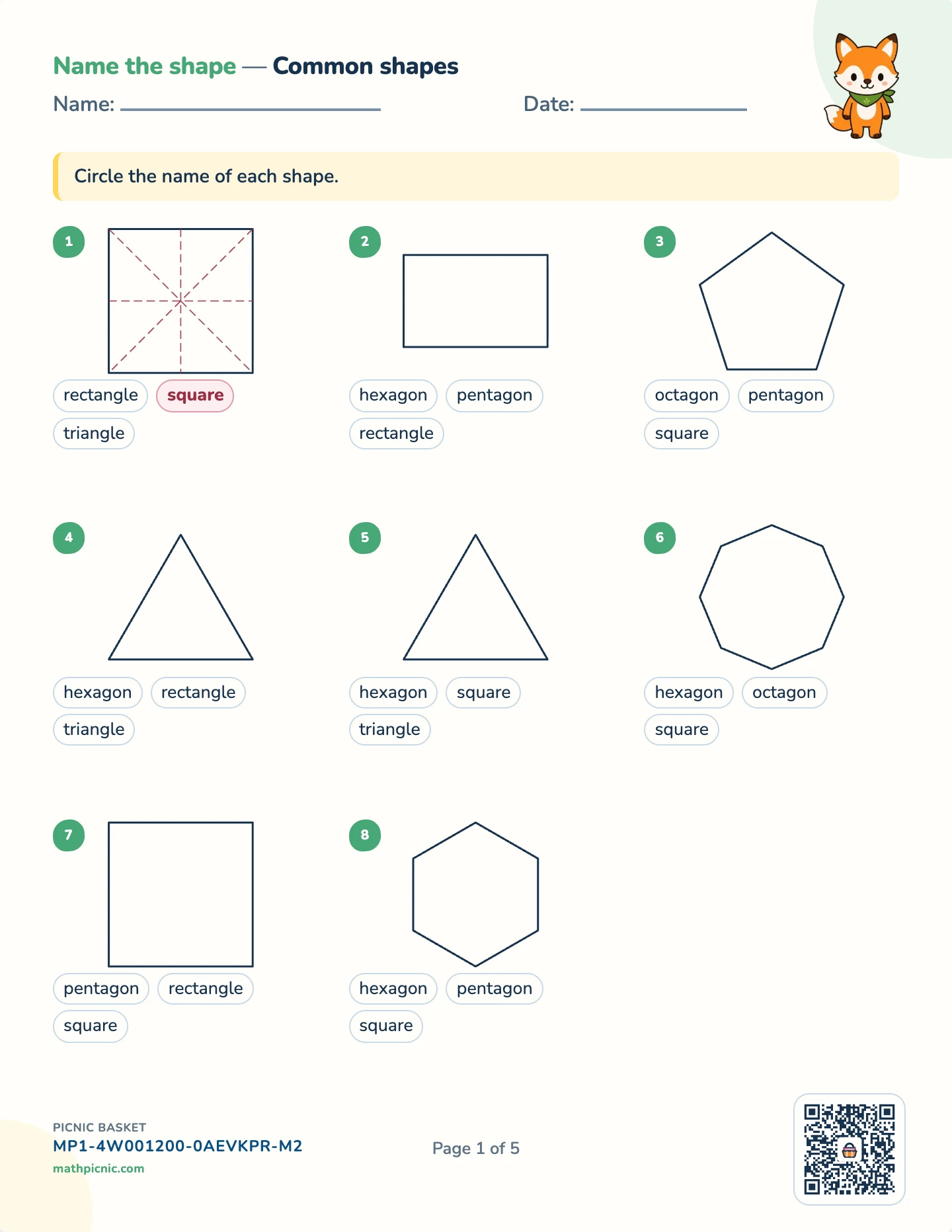 Shapes and symmetry pack — Naming shapes worksheet