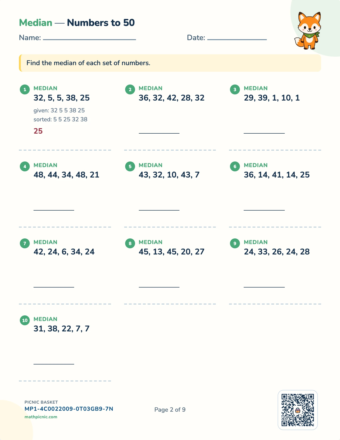 Statistics and probability pack — Median worksheet