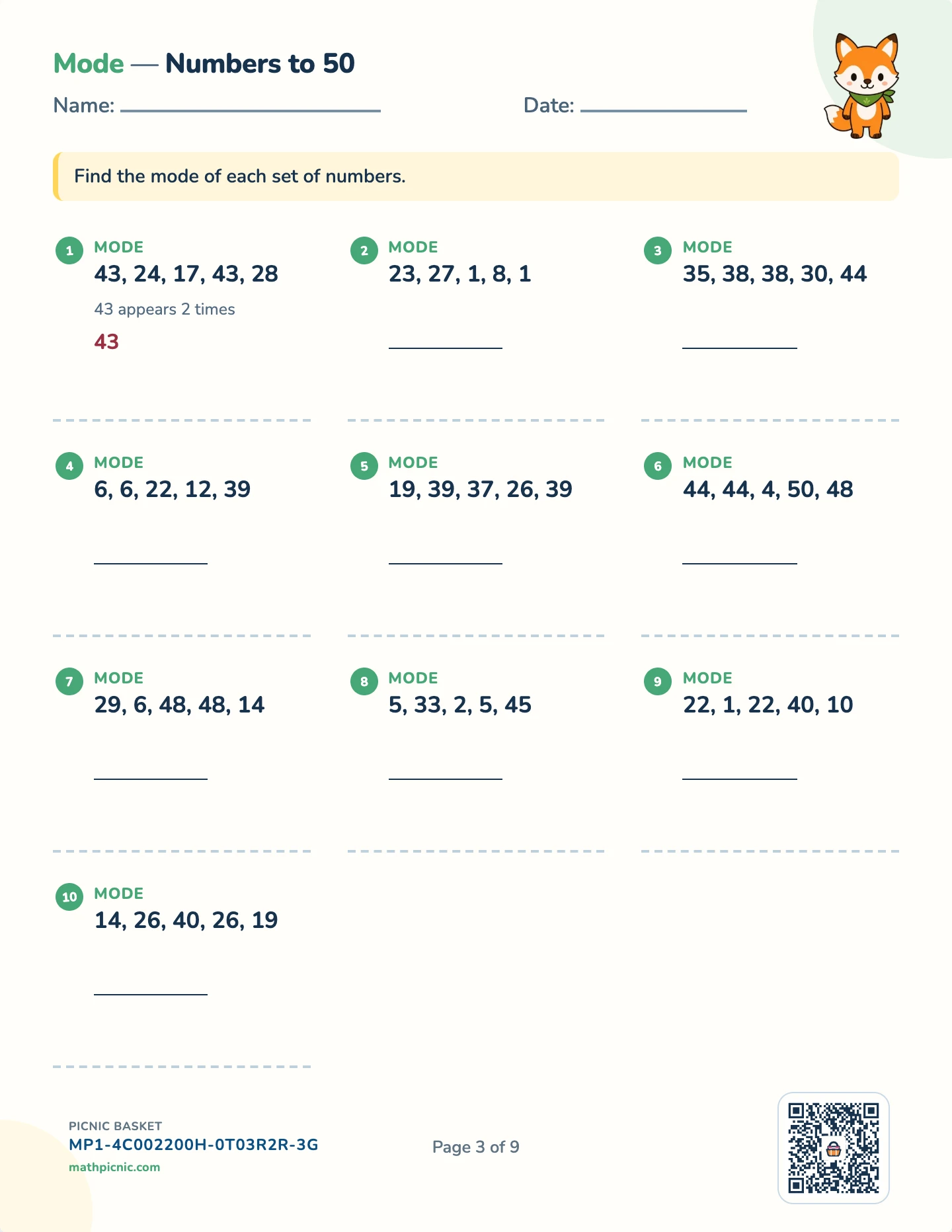 Statistics and probability pack — Mode worksheet