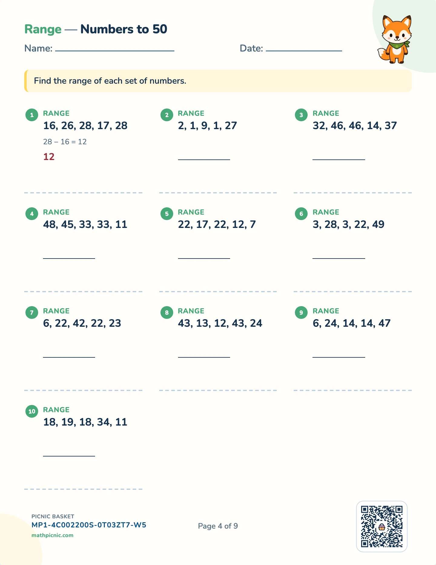 Statistics and probability pack — Range worksheet