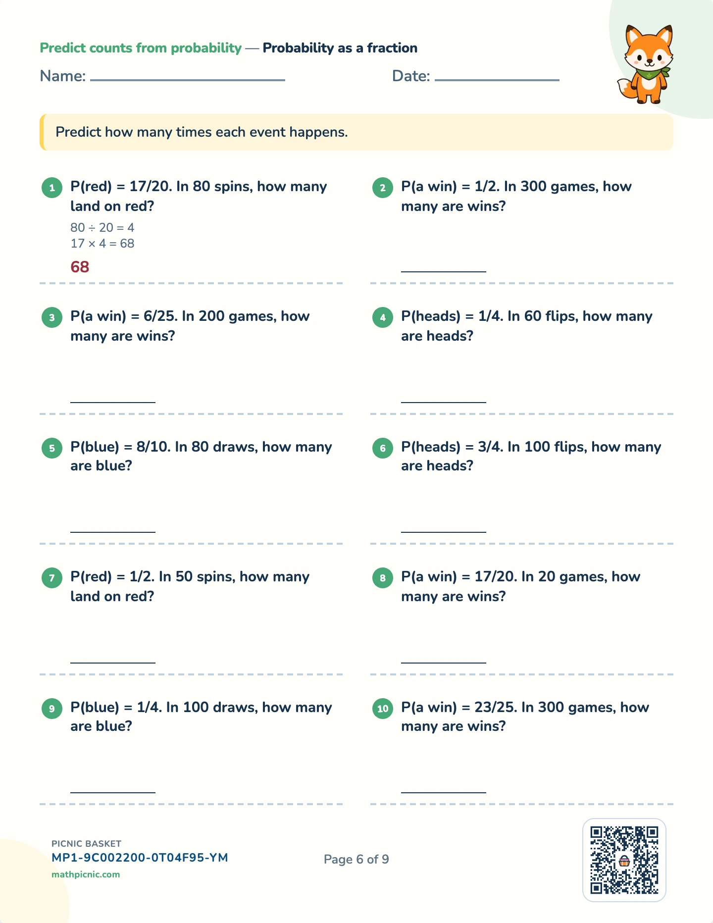 Statistics and probability pack — Predict counts worksheet