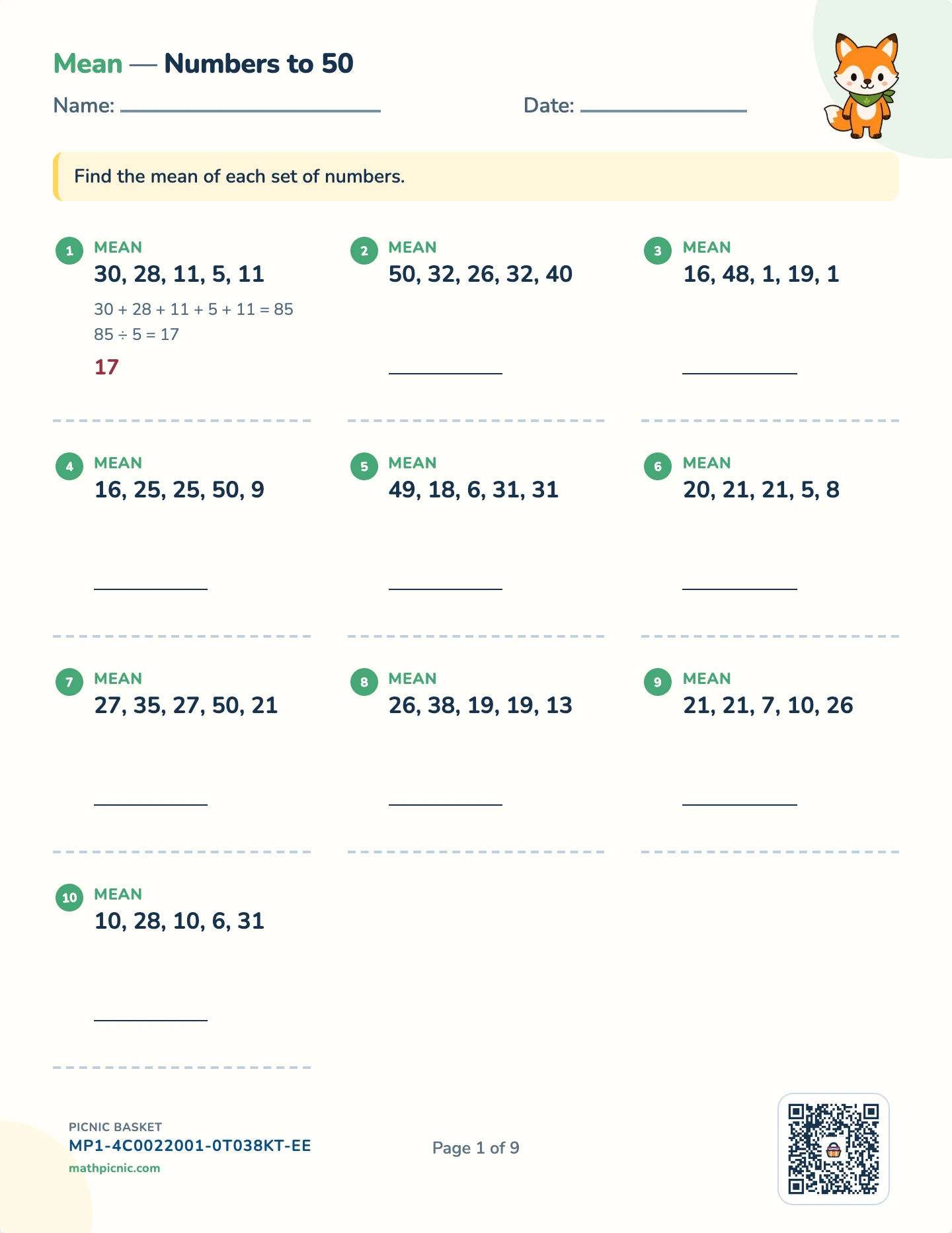 Statistics and probability pack — Mean worksheet