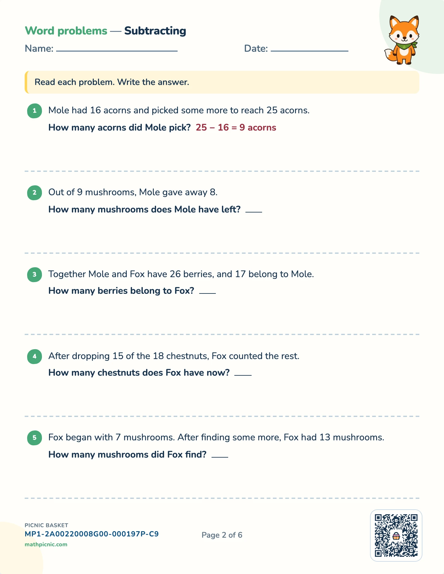 Story problems: + and − pack — Subtracting stories worksheet