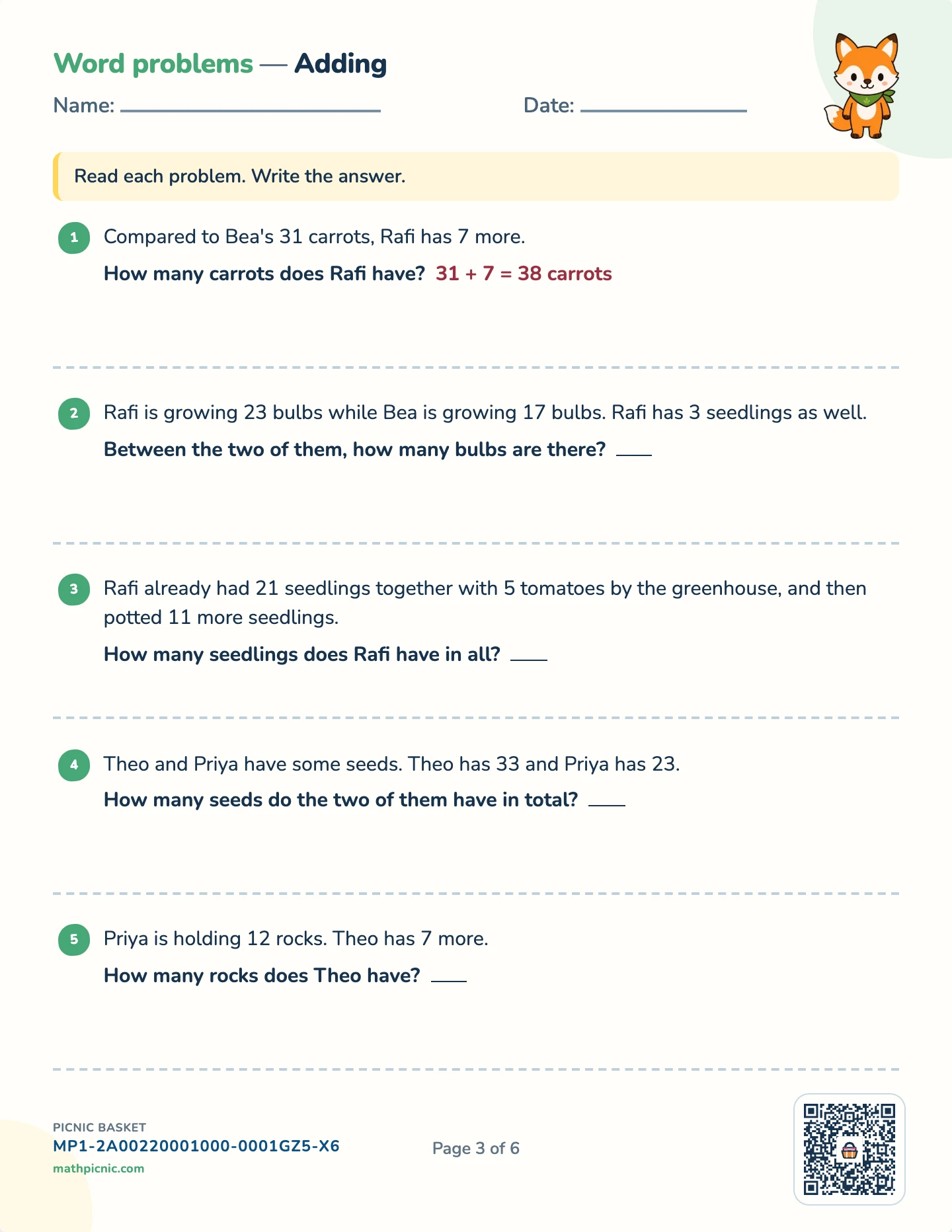Story problems: + and − pack — Adding stories, bigger numbers worksheet