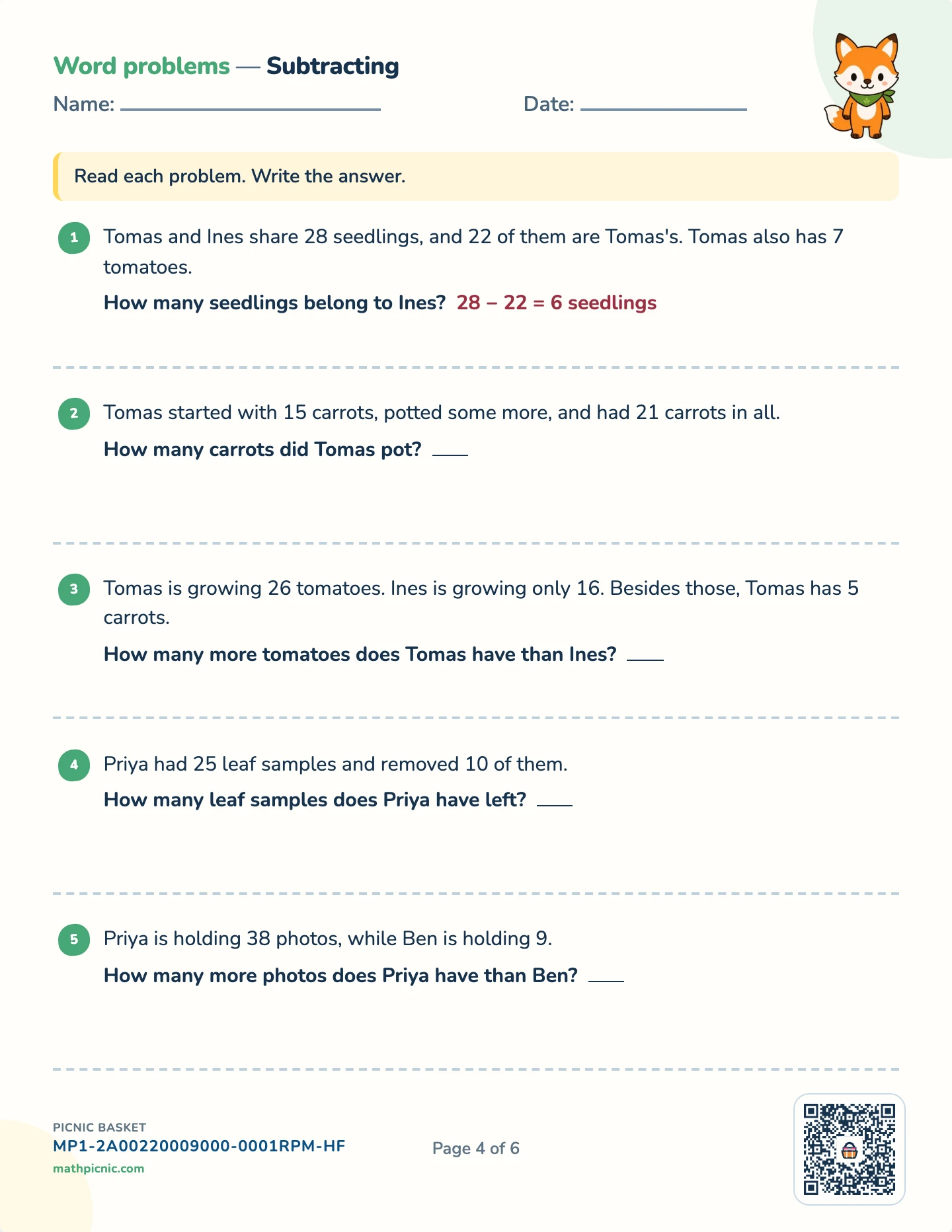 Story problems: + and − pack — Subtracting stories, bigger numbers worksheet