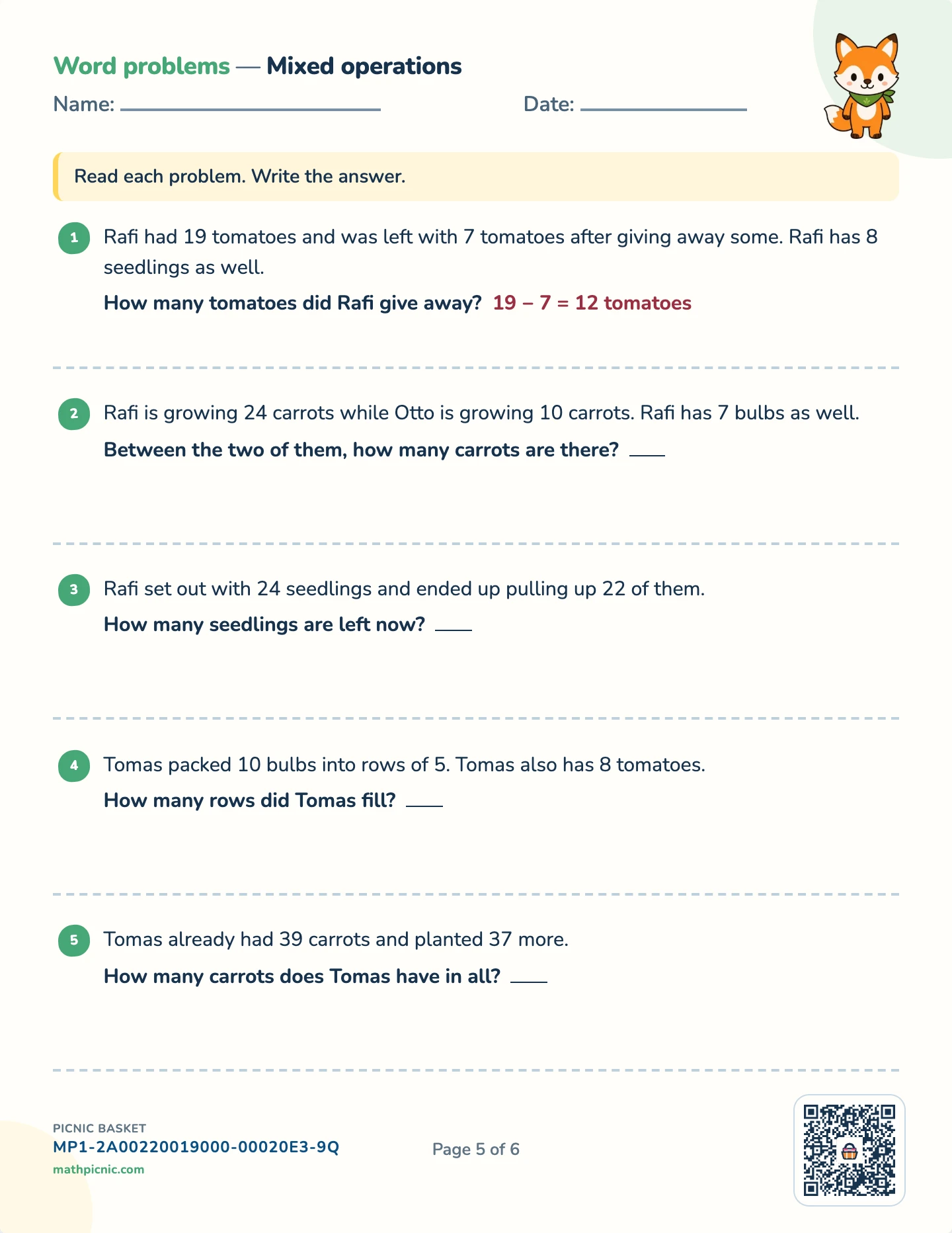 Story problems: + and − pack — Mixed stories worksheet