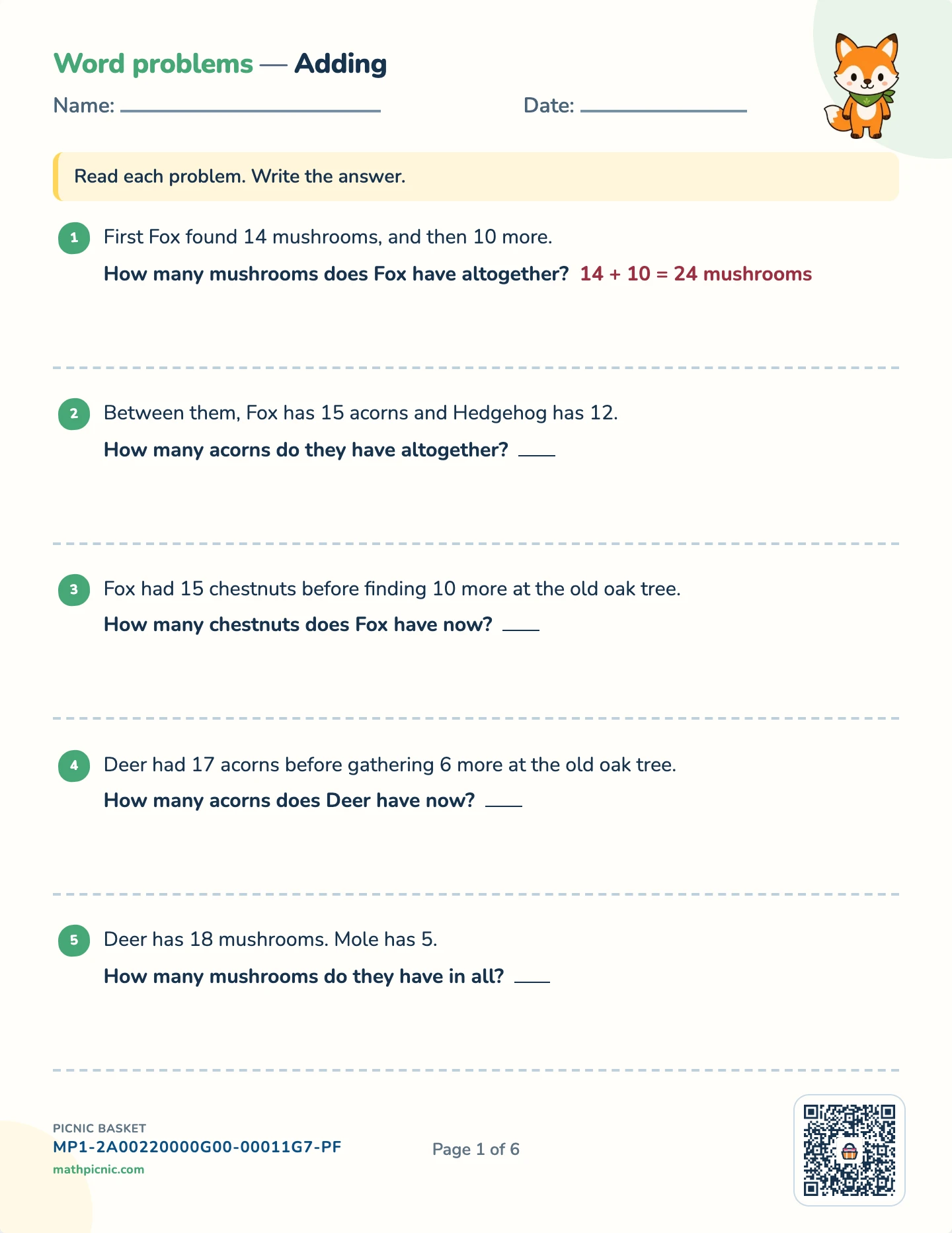 Story problems: + and − pack — Adding stories worksheet