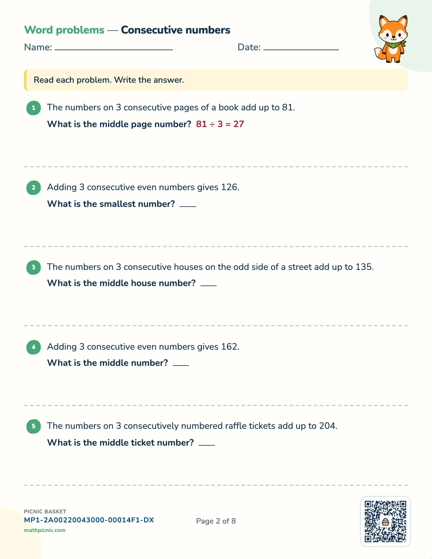 Algebra story problems pack — Consecutive numbers worksheet