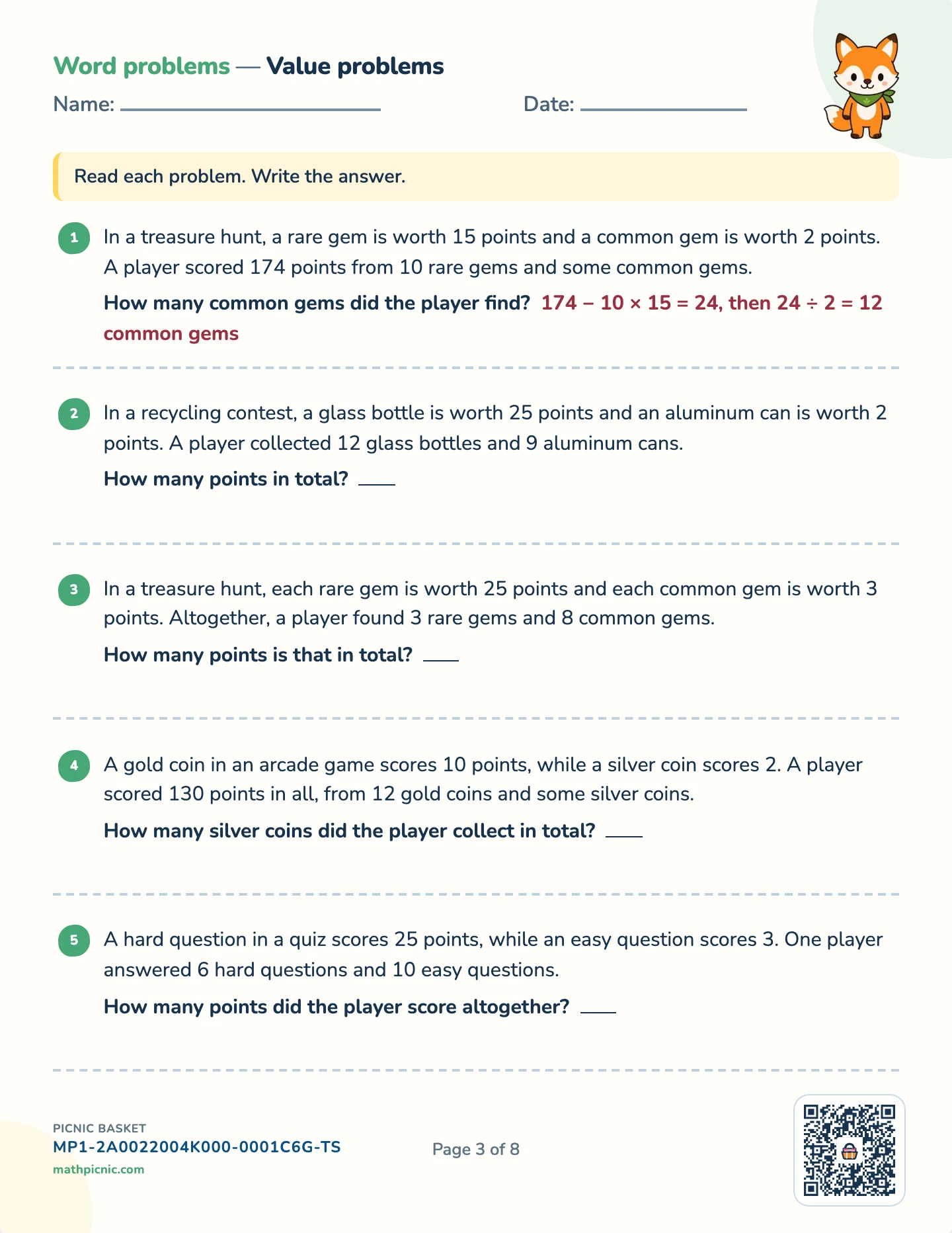 Algebra story problems pack — Coin and value problems worksheet