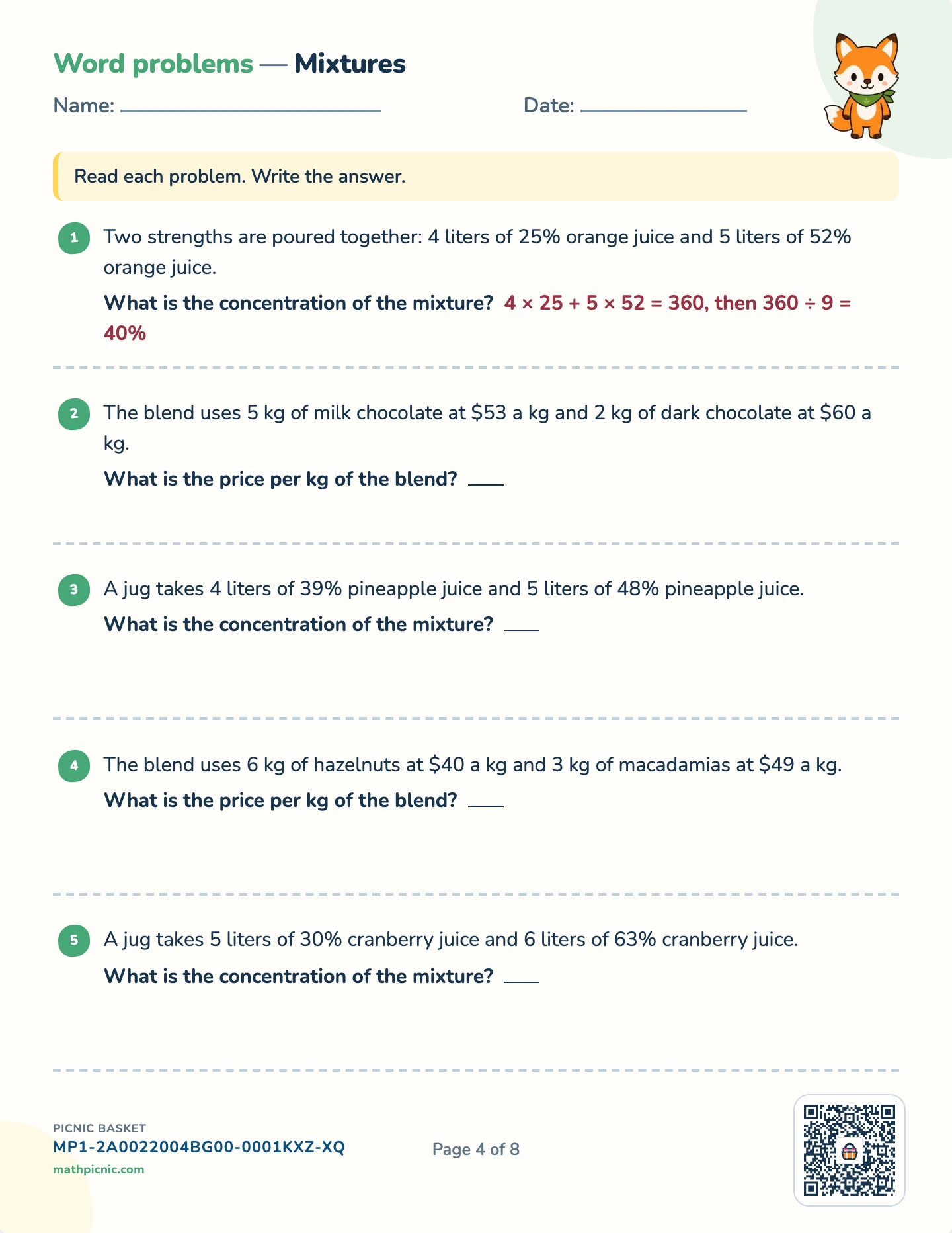 Algebra story problems pack — Mixtures worksheet