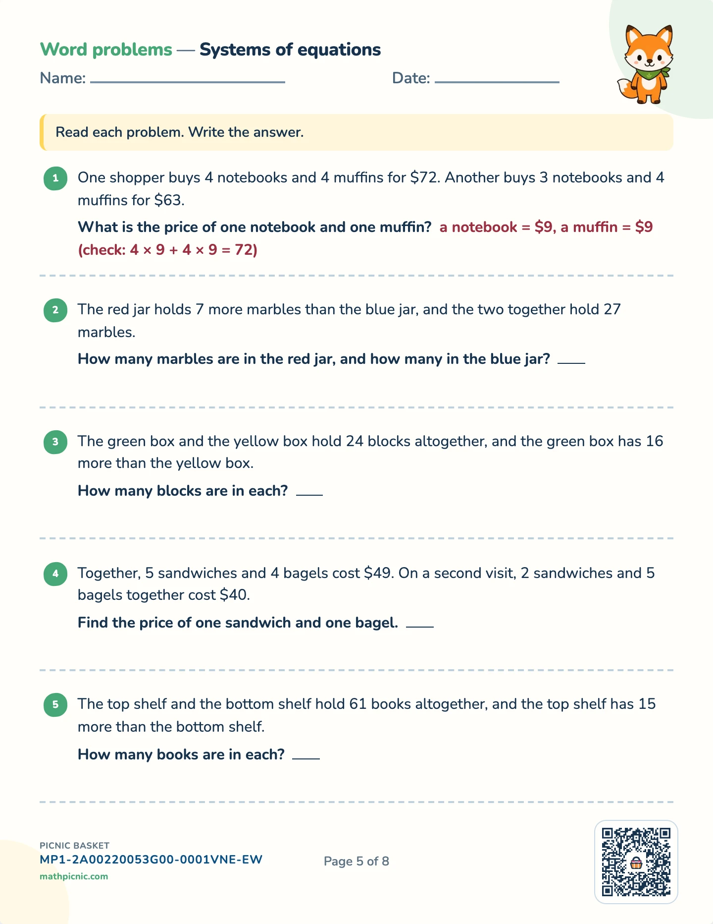 Algebra story problems pack — Systems of equations worksheet