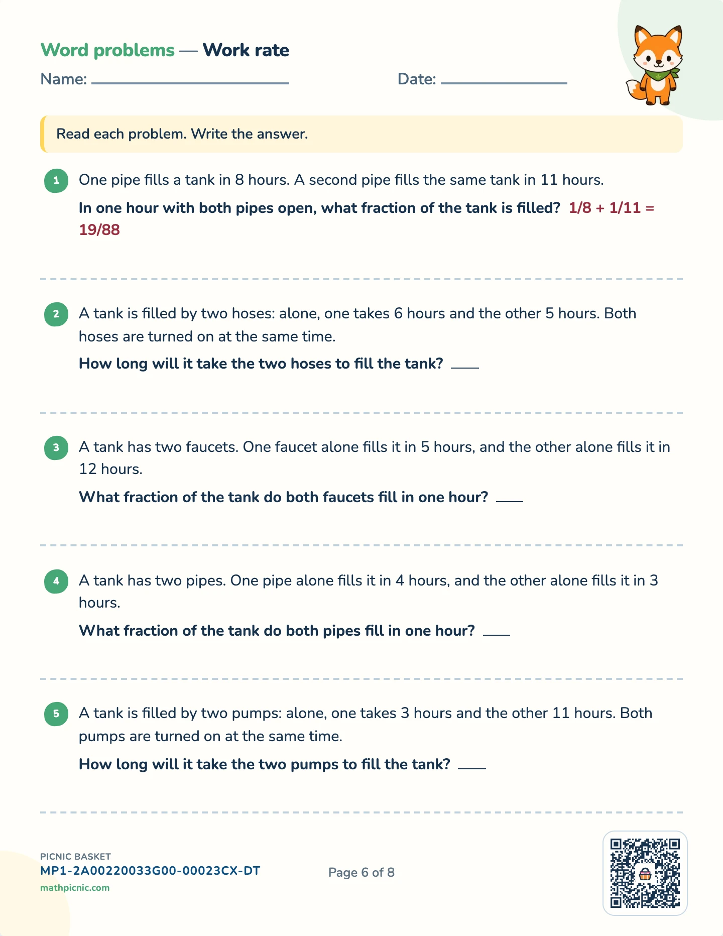 Algebra story problems pack — Work problems worksheet