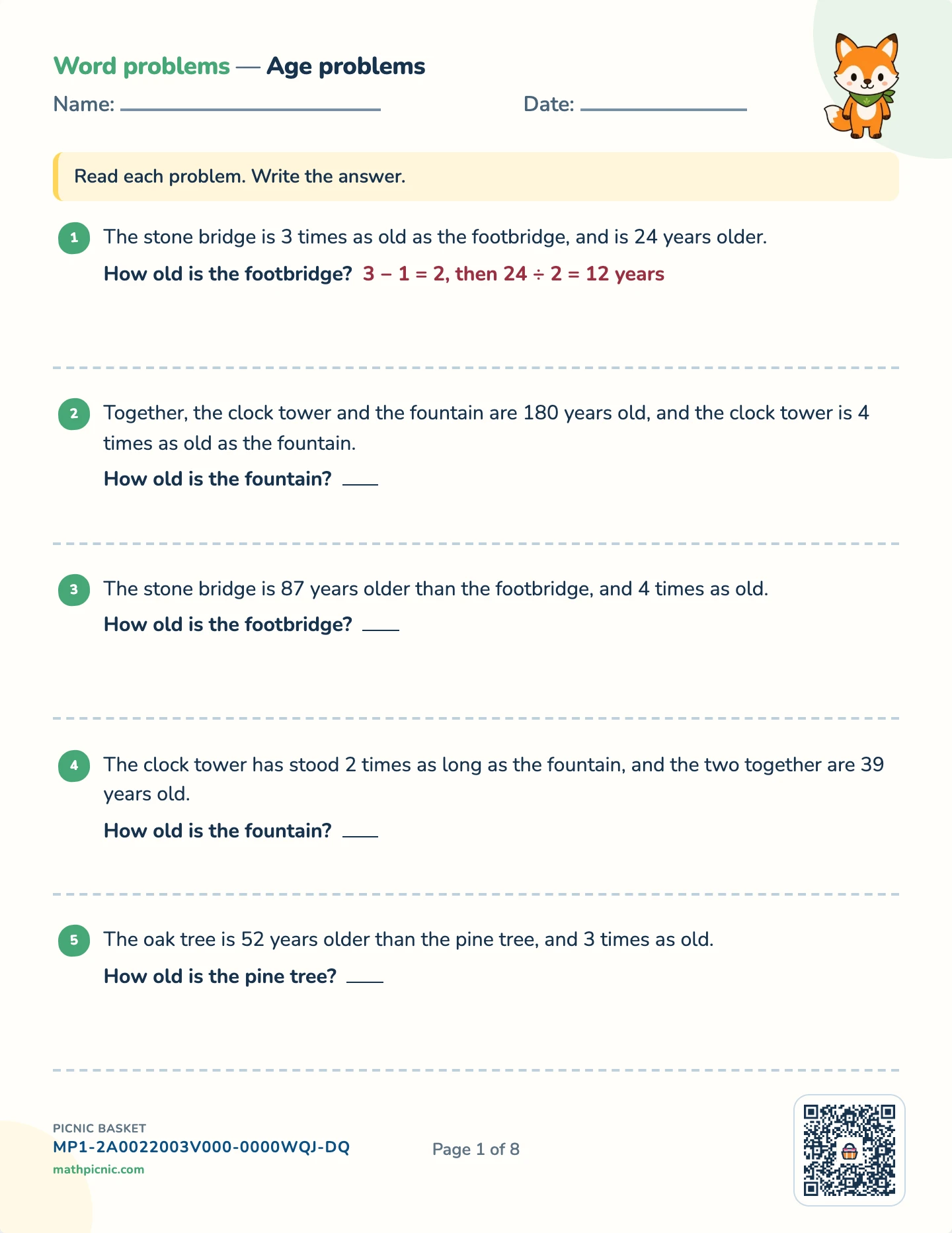 Algebra story problems pack — Age problems worksheet