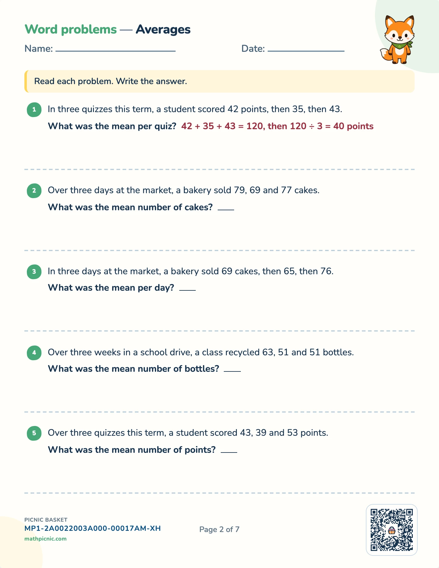 Multi-step story problems pack — Averages worksheet