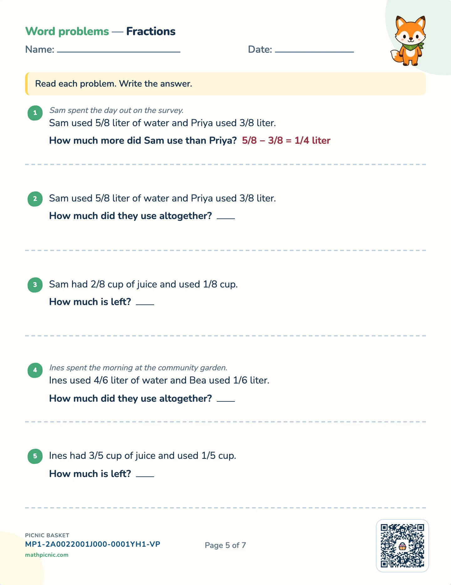 Multi-step story problems pack — Fraction stories worksheet