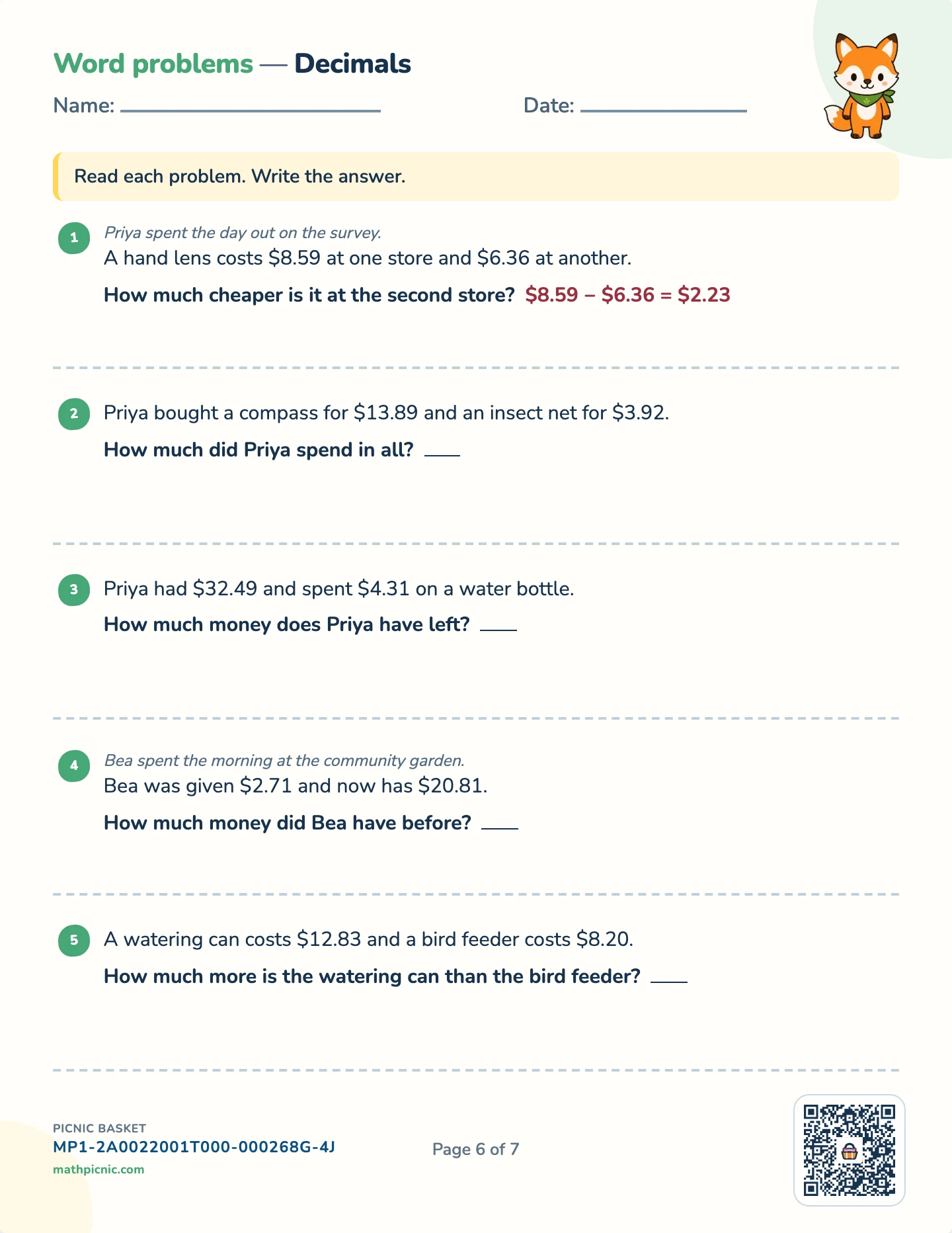 Multi-step story problems pack — Decimal stories worksheet