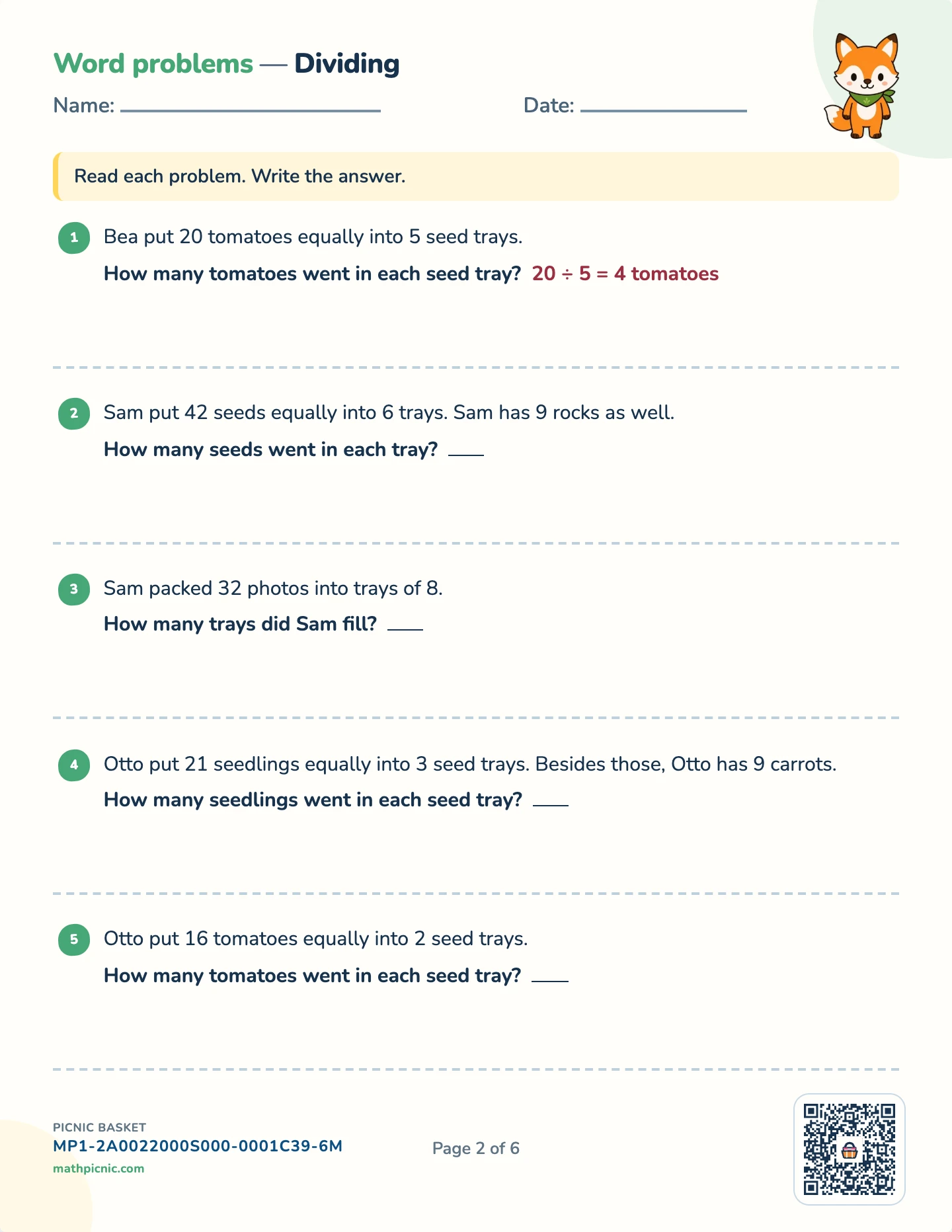 Story problems: × and ÷ pack — Dividing stories worksheet