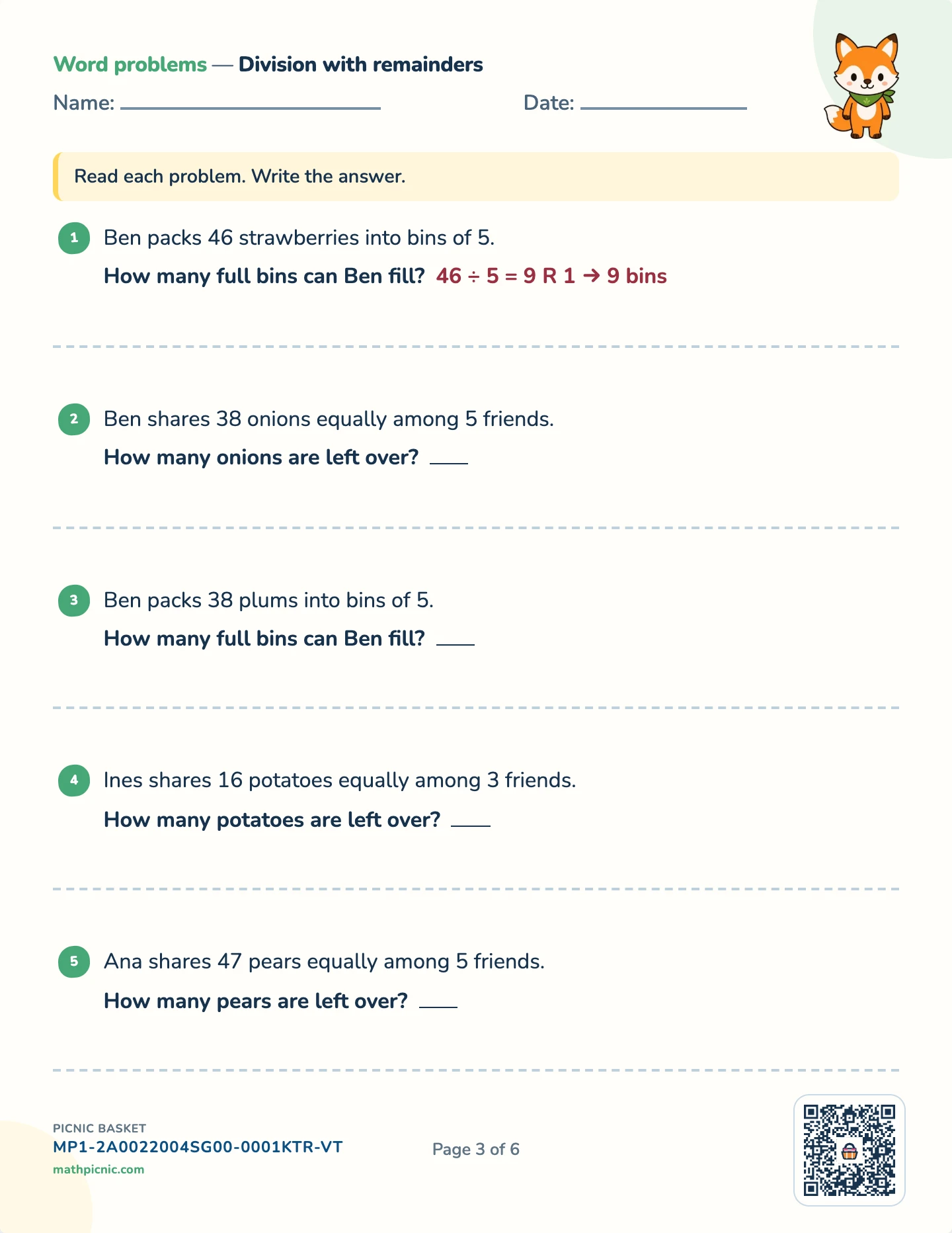 Story problems: × and ÷ pack — Stories with a remainder worksheet