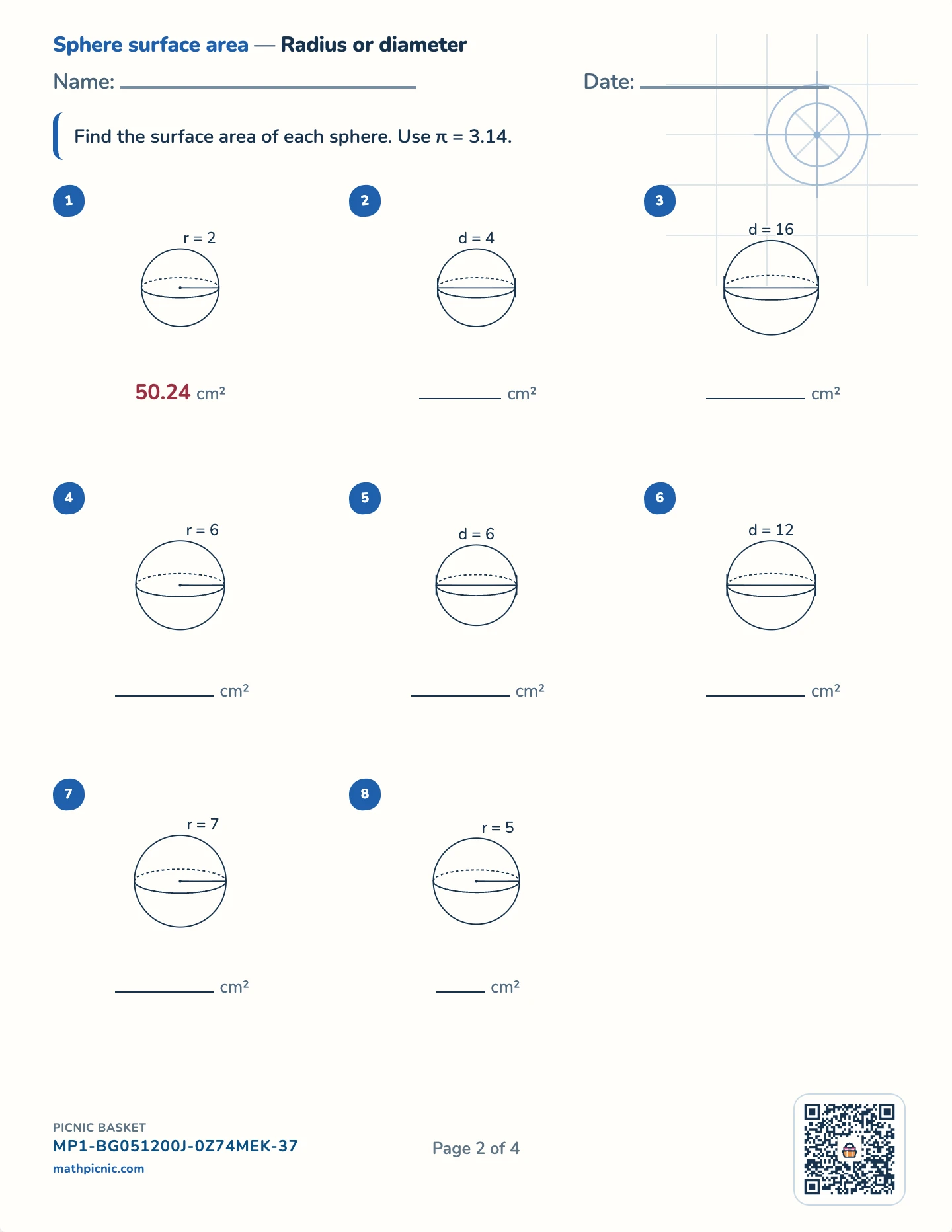 Surface area pack — Sphere surface area worksheet