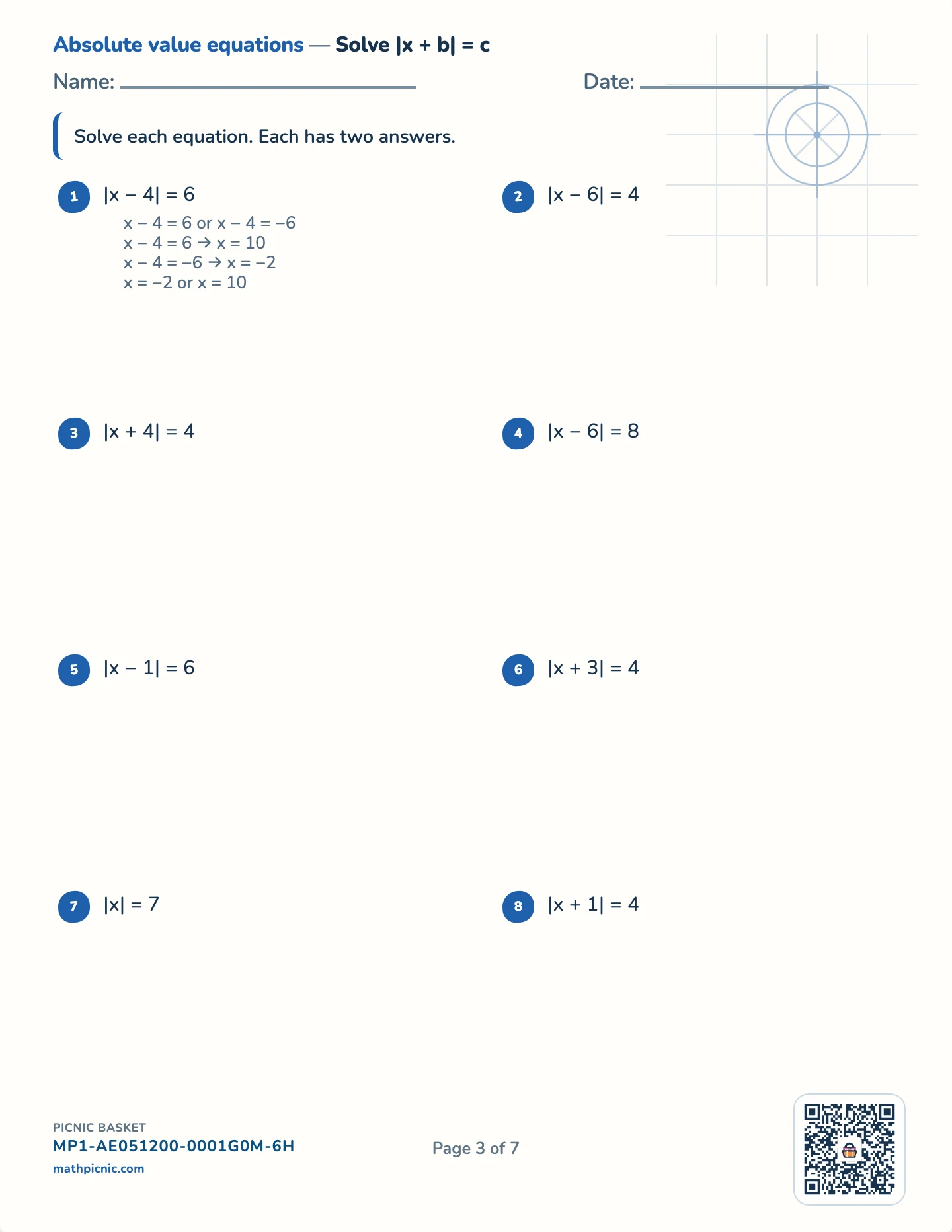 Systems, absolute value and scientific notation pack — |x + b| = c worksheet