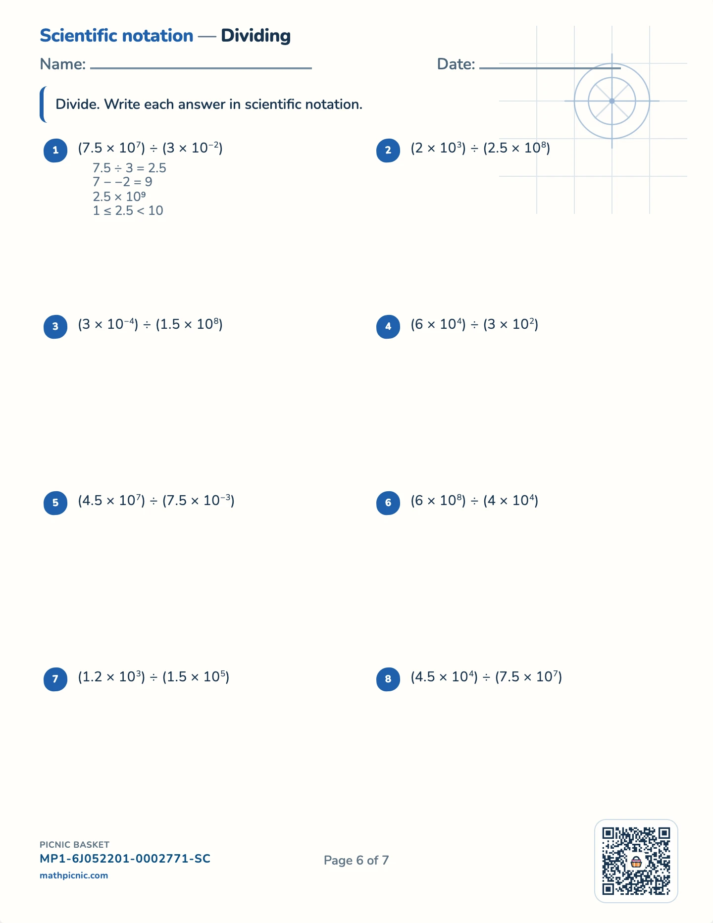 Systems, absolute value and scientific notation pack — Dividing in scientific notation worksheet