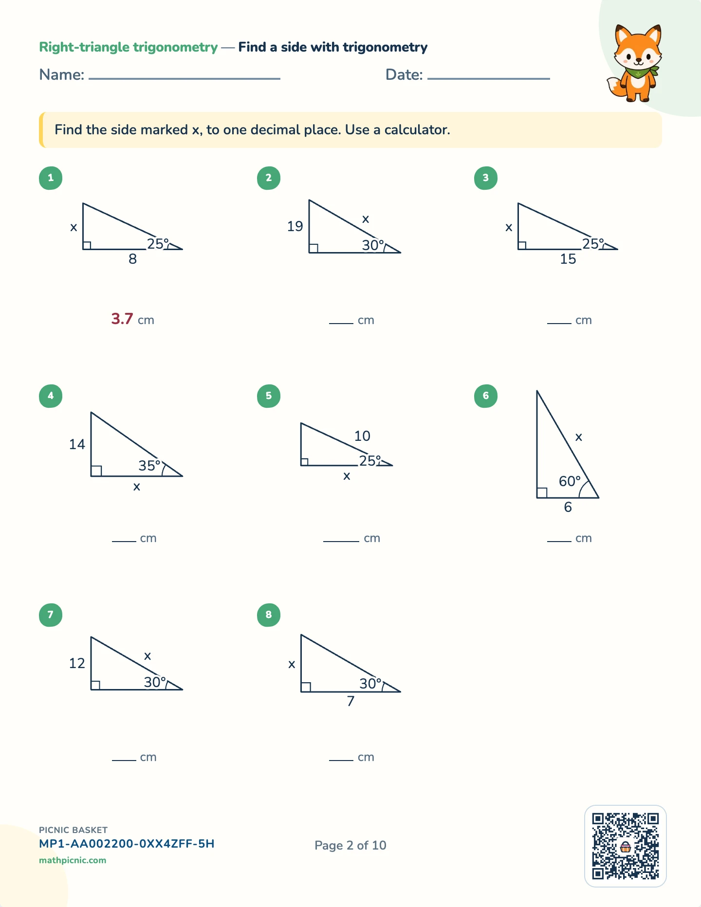 Trigonometry pack — Finding a side worksheet