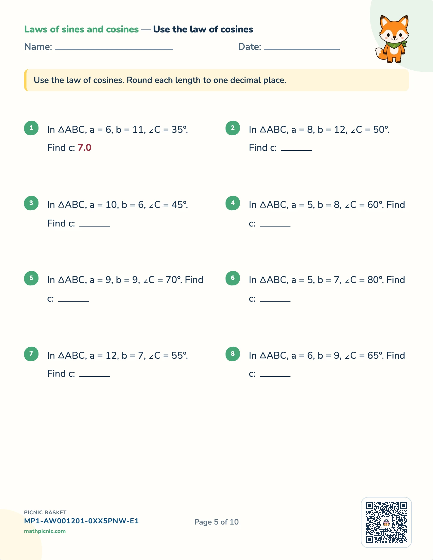 Trigonometry pack — The cosine rule worksheet