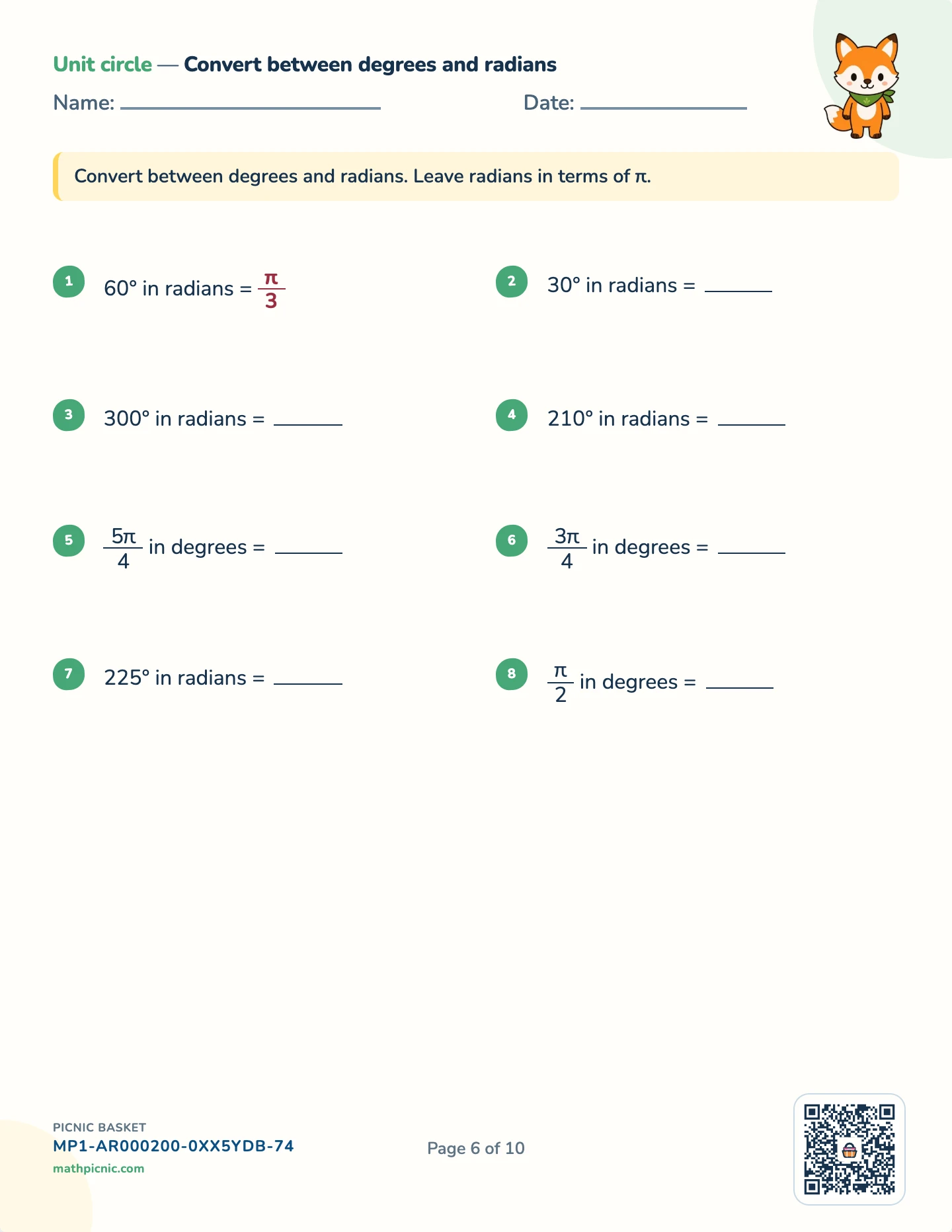 Trigonometry pack — Degrees and radians worksheet