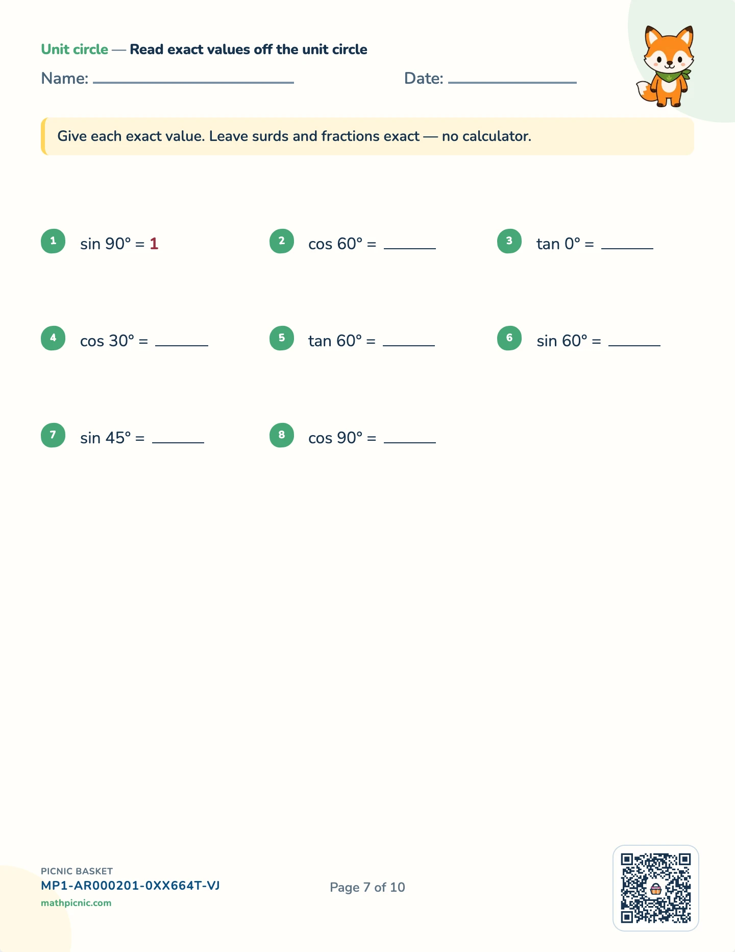 Trigonometry pack — Values on the unit circle worksheet