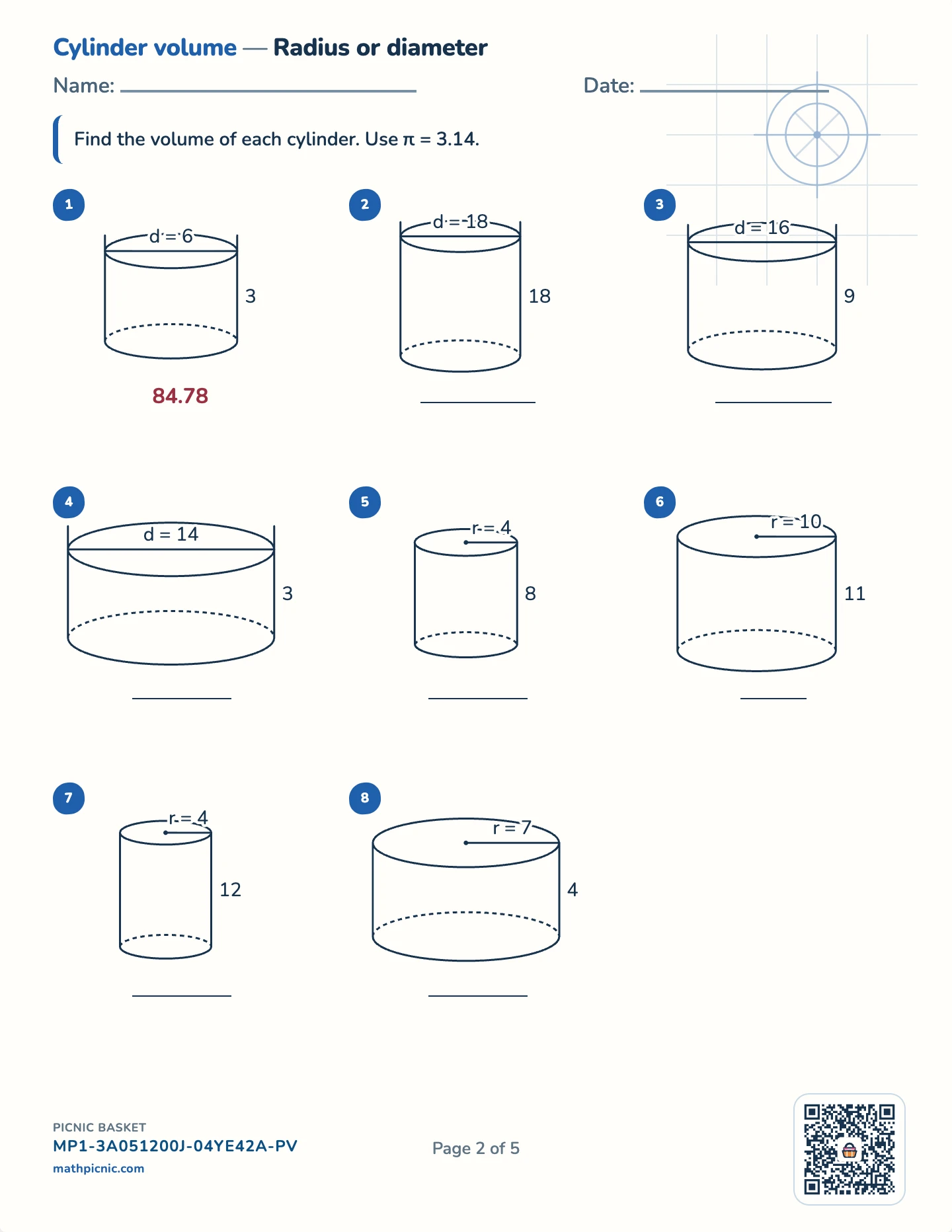 Volume pack — Cylinder volume worksheet