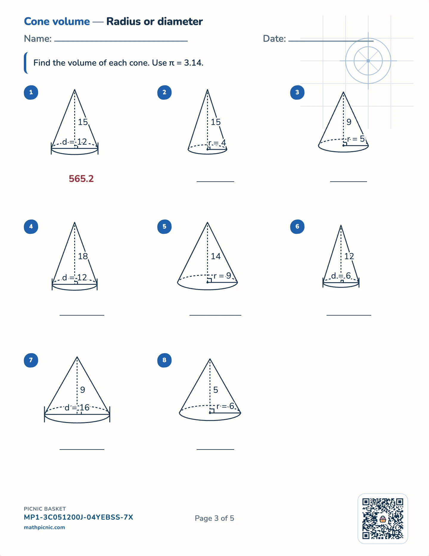 Volume pack — Cone volume worksheet