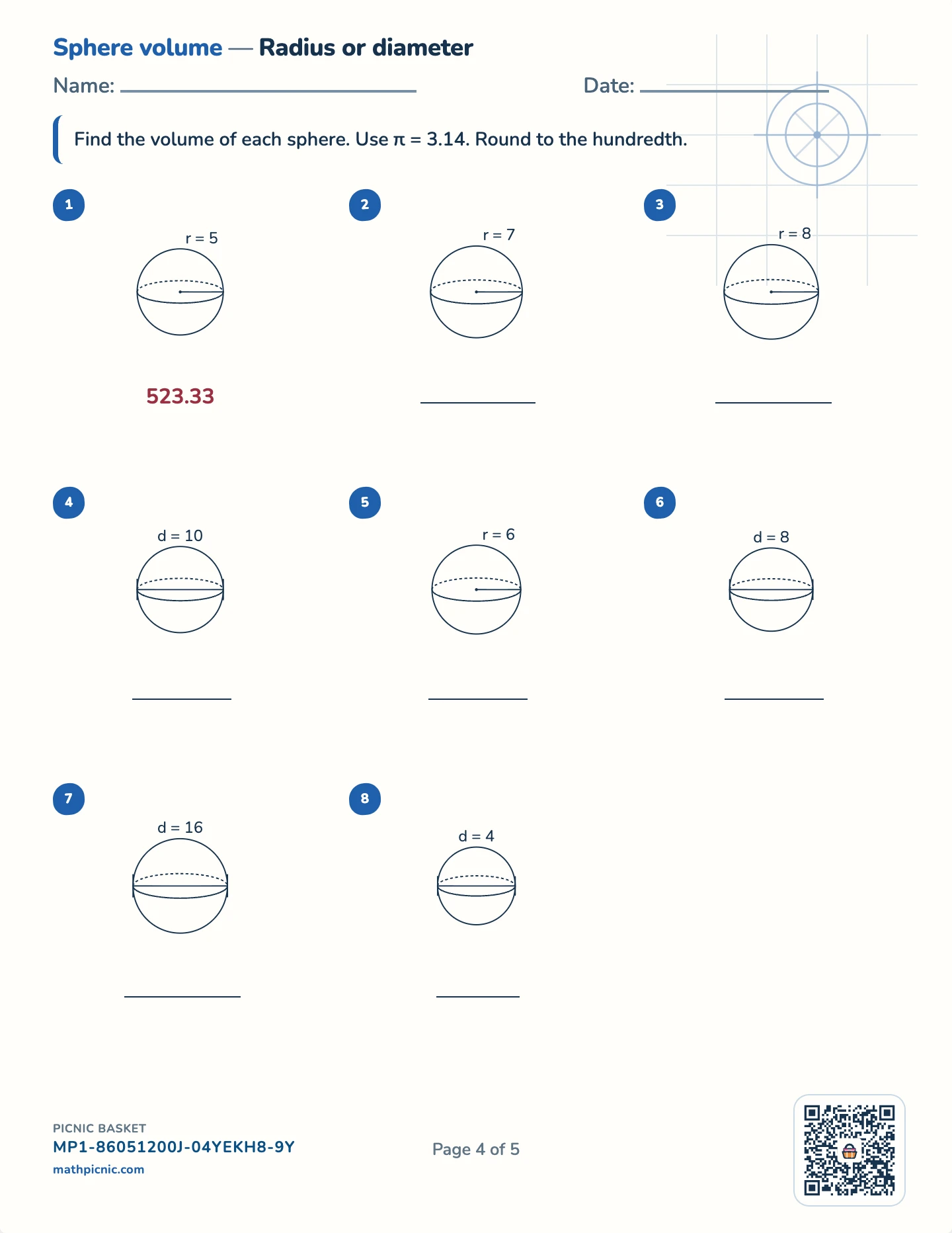 Volume pack — Sphere volume worksheet