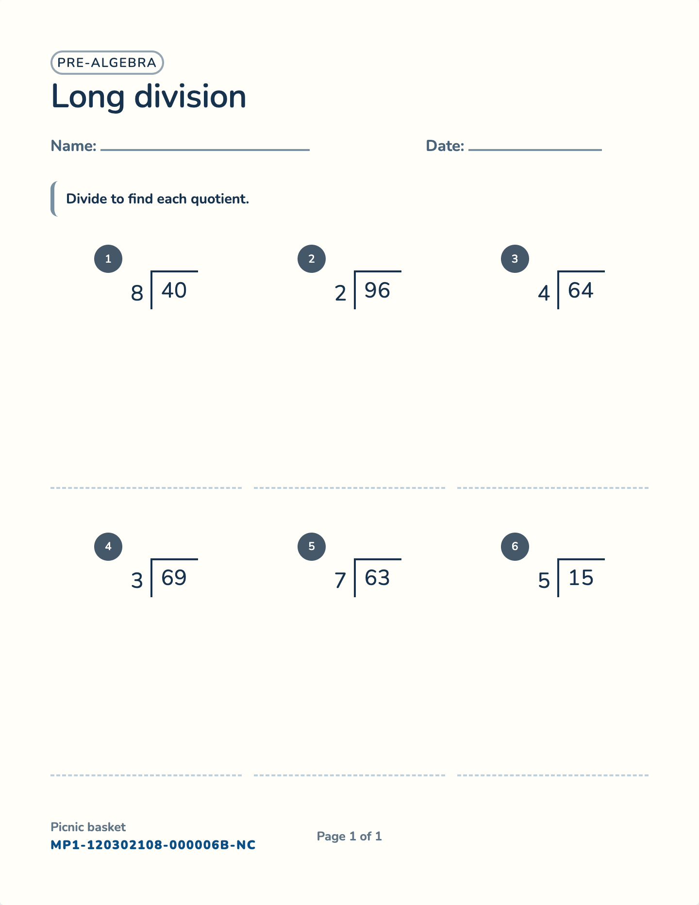 2-digit by 1-digit long division worksheet — 2-digit ÷ 1-digit, free printable with answer key