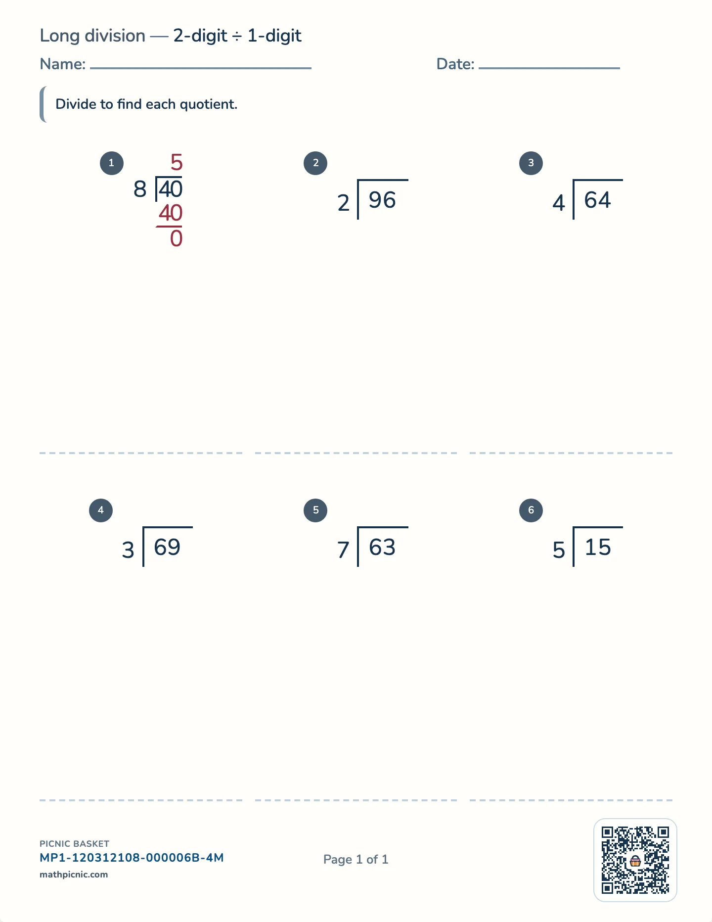 2-digit by 1-digit long division worksheet — free printable with answer key
